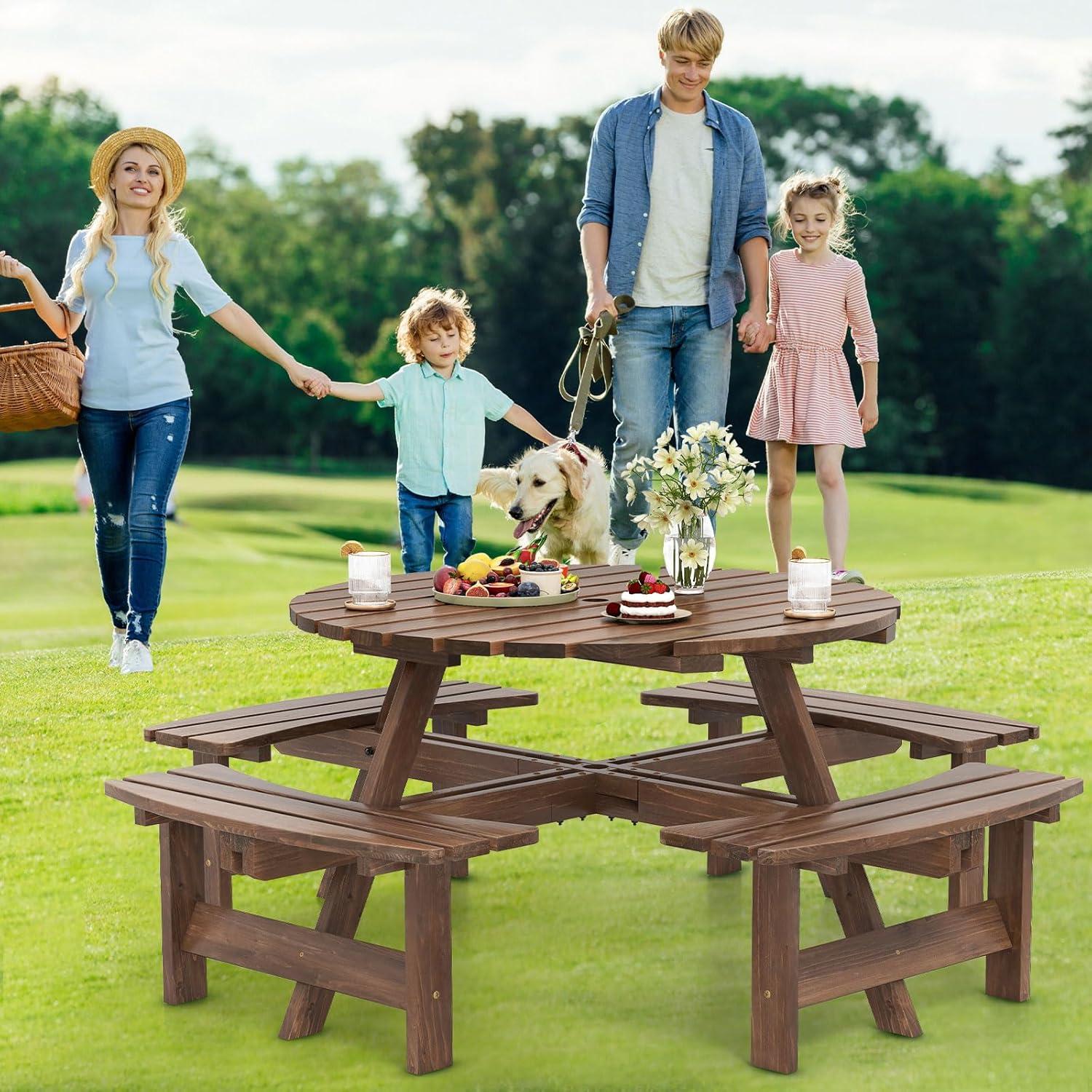 image:imageGiantex 6Person Round Picnic Table Set with 3 Benches 550 LBS Bench Capacity 2 Umbrella Hole Circular Outdoor Wood Dining Table amp Chairs for Patio Yard Garden Porch Deck 68x62x28BrownBrown