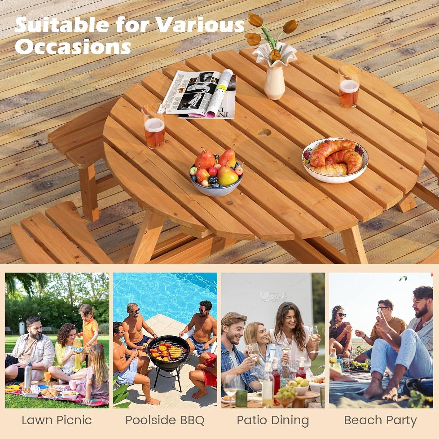 image:imageGiantex 6Person Round Picnic Table Set with 3 Benches 550 LBS Bench Capacity 2 Umbrella Hole Circular Outdoor Wood Dining Table amp Chairs for Patio Yard Garden Porch Deck 68x62x28BrownYellow