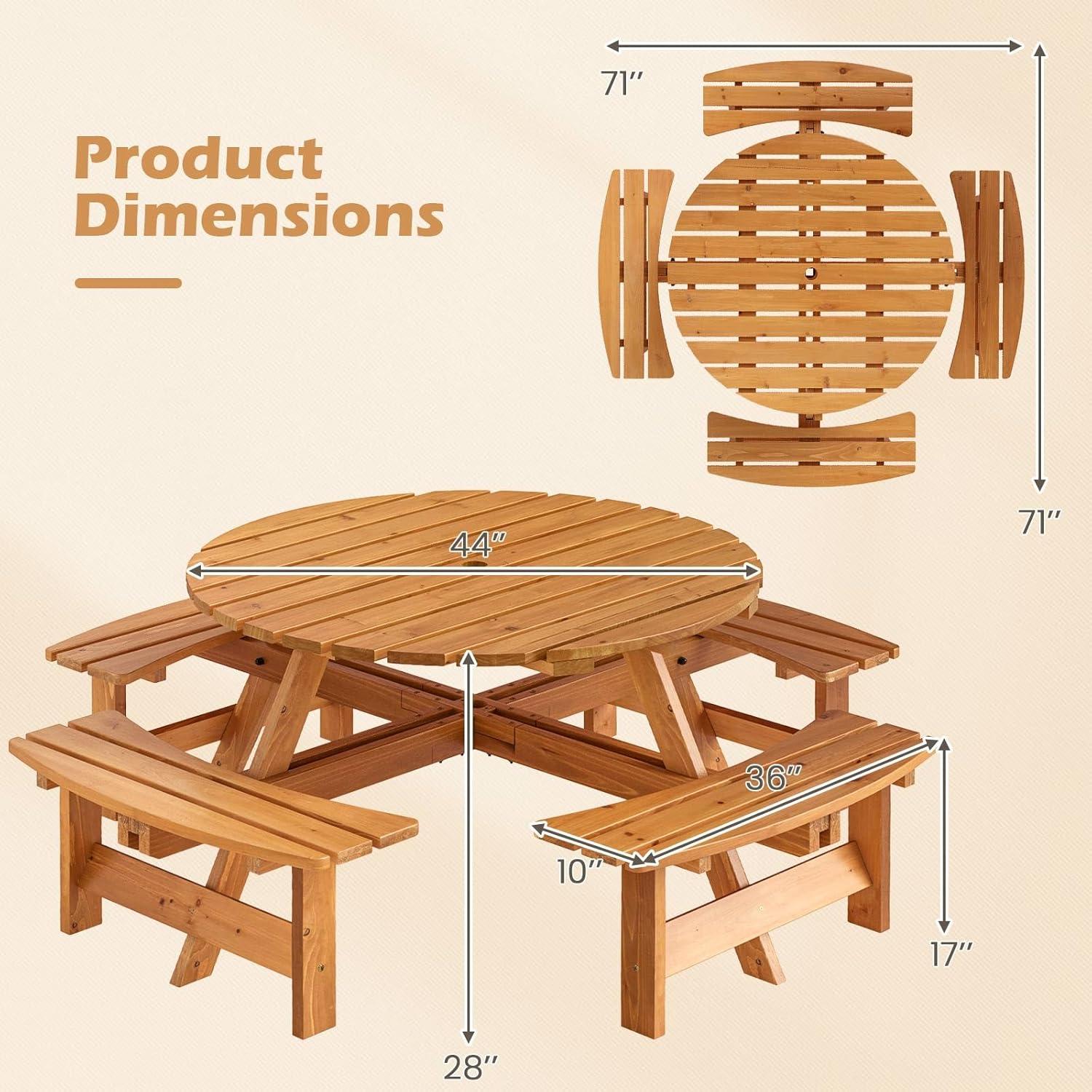 image:imageGiantex 6Person Round Picnic Table Set with 3 Benches 550 LBS Bench Capacity 2 Umbrella Hole Circular Outdoor Wood Dining Table amp Chairs for Patio Yard Garden Porch Deck 68x62x28BrownYellow