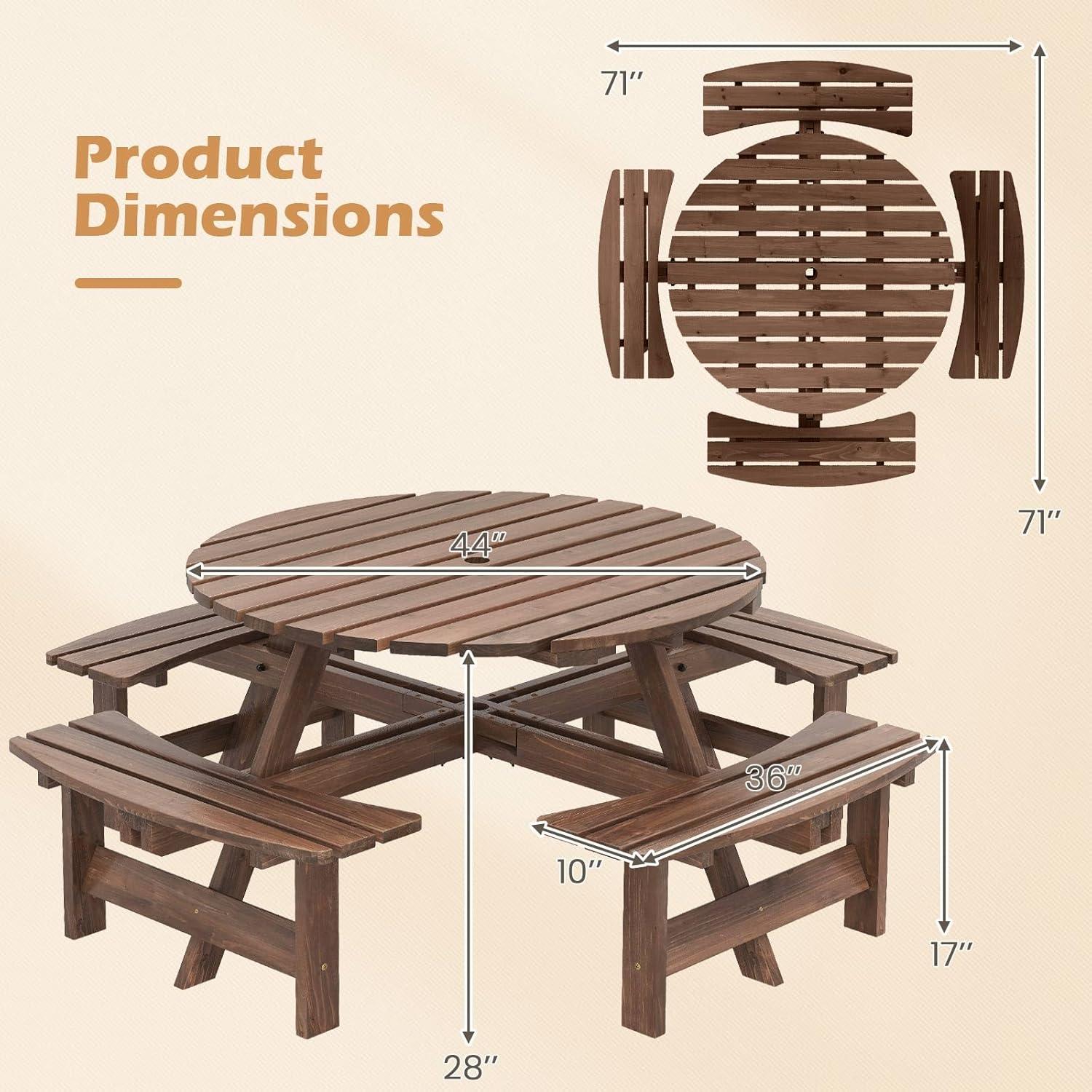 image:imageGiantex 6Person Round Picnic Table Set with 3 Benches 550 LBS Bench Capacity 2 Umbrella Hole Circular Outdoor Wood Dining Table amp Chairs for Patio Yard Garden Porch Deck 68x62x28BrownBrown
