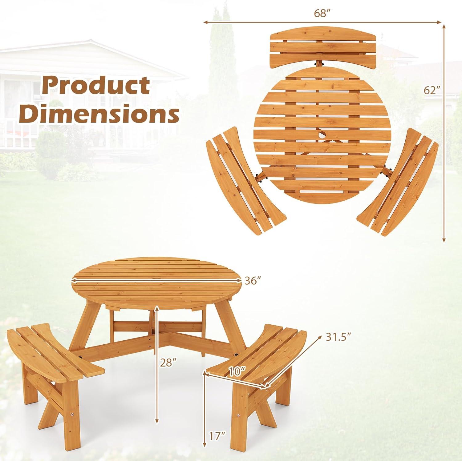 image:imageGiantex 6Person Round Picnic Table Set with 3 Benches 550 LBS Bench Capacity 2 Umbrella Hole Circular Outdoor Wood Dining Table amp Chairs for Patio Yard Garden Porch Deck 68x62x28BrownYellow