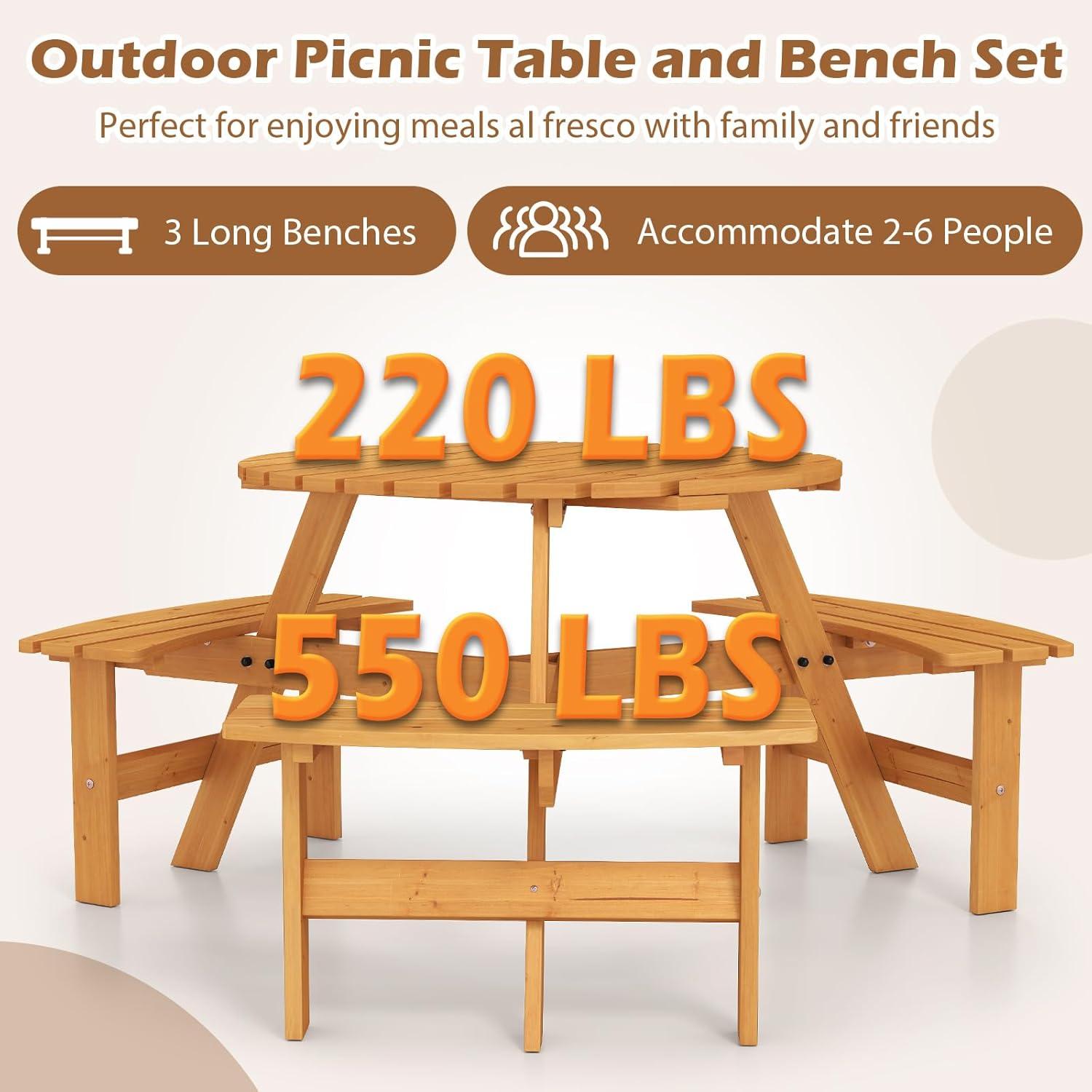 image:imageGiantex 6Person Round Picnic Table Set with 3 Benches 550 LBS Bench Capacity 2 Umbrella Hole Circular Outdoor Wood Dining Table amp Chairs for Patio Yard Garden Porch Deck 68x62x28BrownYellow