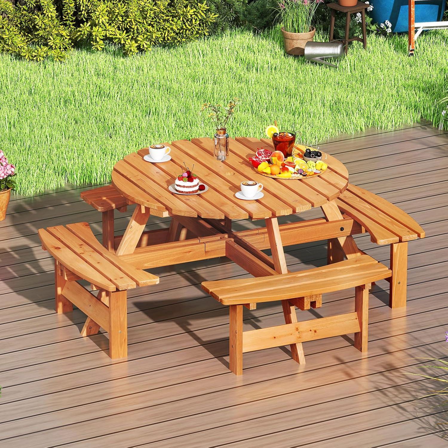 image:imageGiantex 6Person Round Picnic Table Set with 3 Benches 550 LBS Bench Capacity 2 Umbrella Hole Circular Outdoor Wood Dining Table amp Chairs for Patio Yard Garden Porch Deck 68x62x28BrownYellow