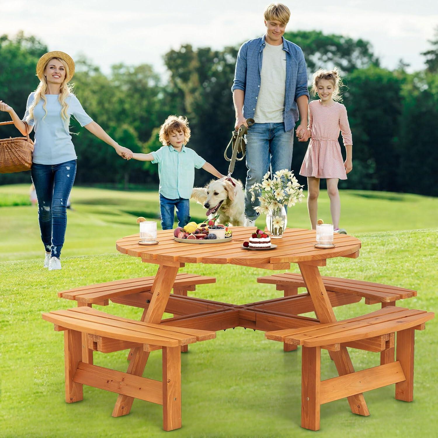image:imageGiantex 6Person Round Picnic Table Set with 3 Benches 550 LBS Bench Capacity 2 Umbrella Hole Circular Outdoor Wood Dining Table amp Chairs for Patio Yard Garden Porch Deck 68x62x28BrownYellow