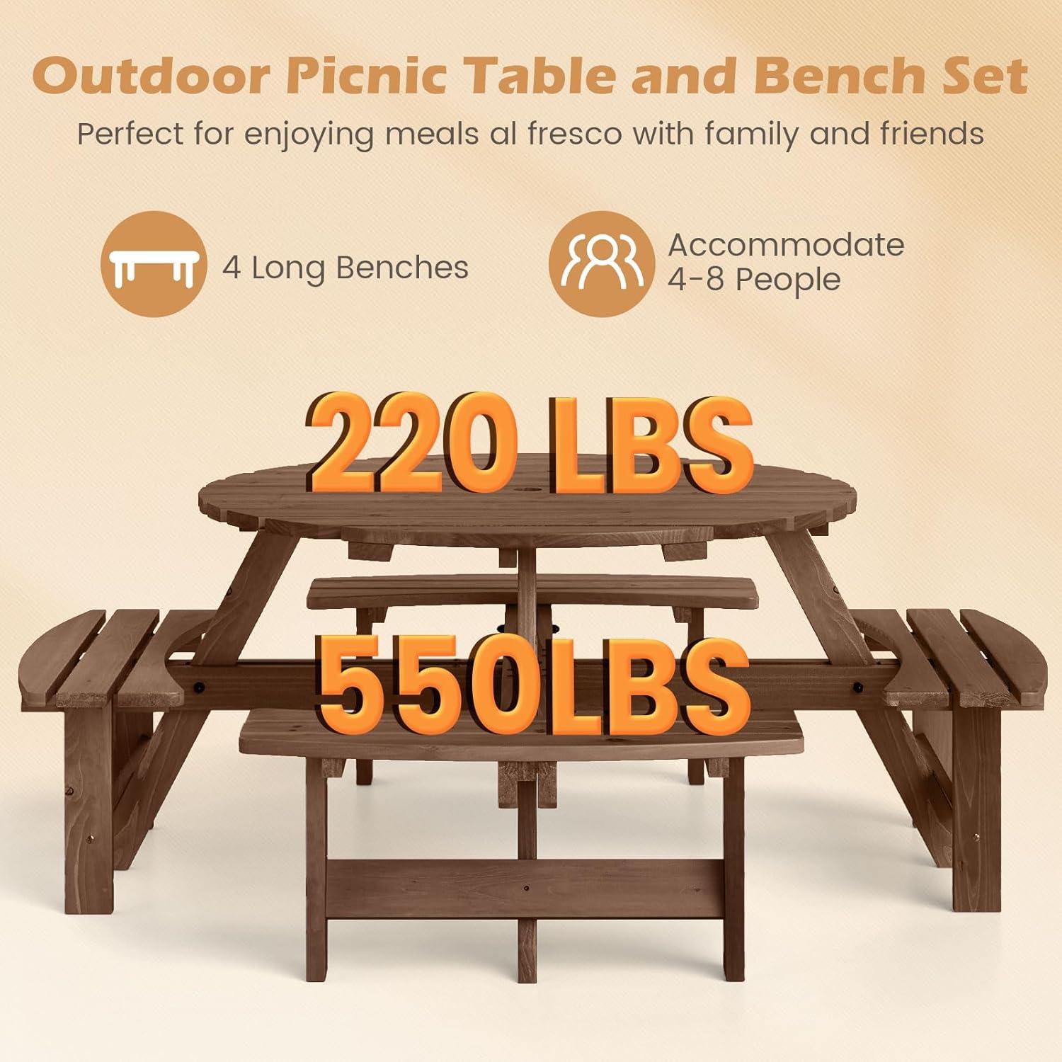 image:imageGiantex 6Person Round Picnic Table Set with 3 Benches 550 LBS Bench Capacity 2 Umbrella Hole Circular Outdoor Wood Dining Table amp Chairs for Patio Yard Garden Porch Deck 68x62x28BrownBrown