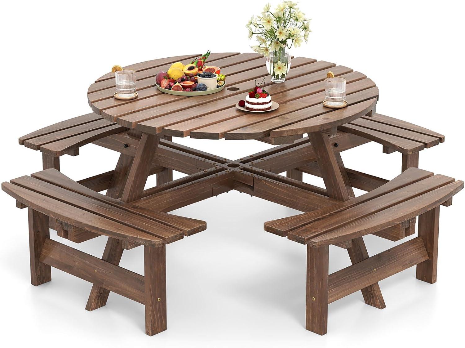 image:imageGiantex 6Person Round Picnic Table Set with 3 Benches 550 LBS Bench Capacity 2 Umbrella Hole Circular Outdoor Wood Dining Table amp Chairs for Patio Yard Garden Porch Deck 68x62x28BrownBrown