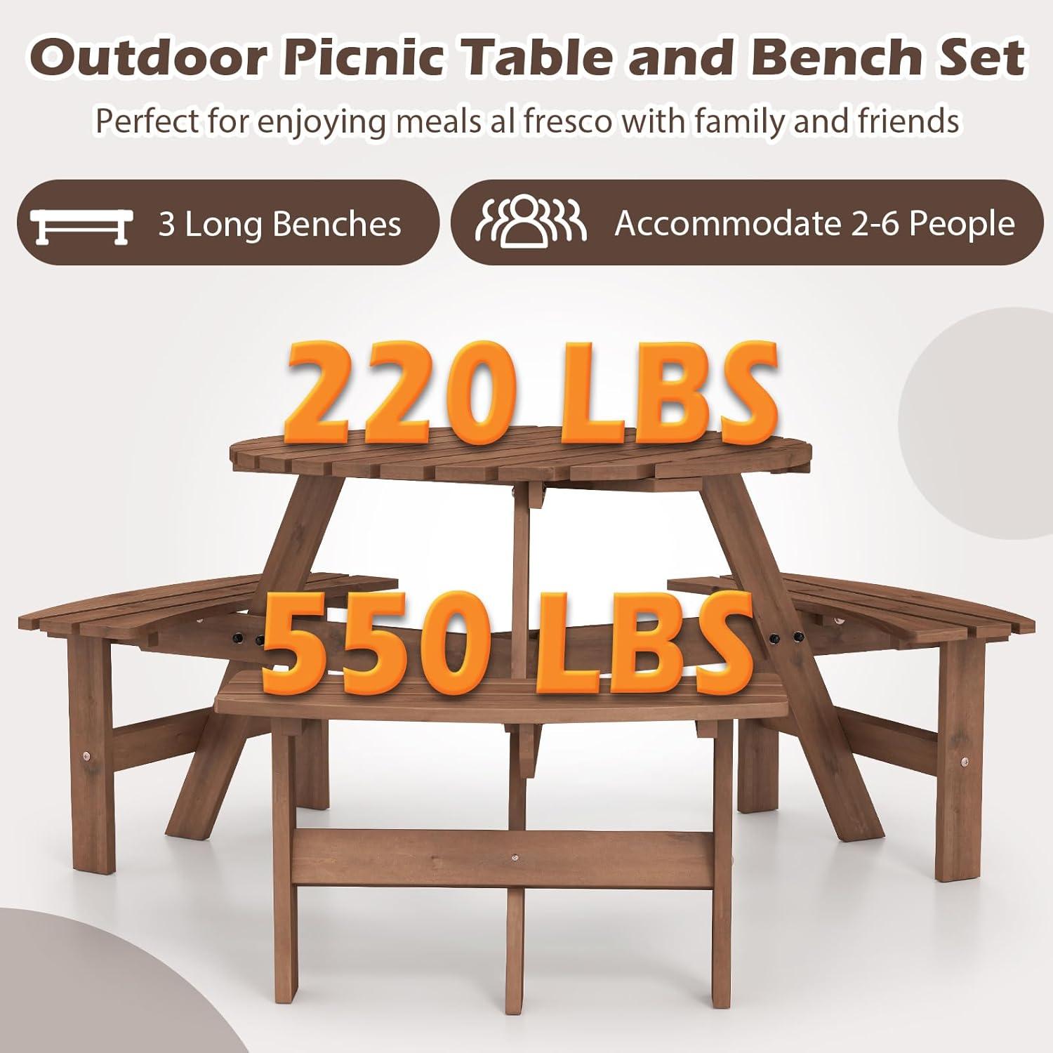 image:imageGiantex 6Person Round Picnic Table Set with 3 Benches 550 LBS Bench Capacity 2 Umbrella Hole Circular Outdoor Wood Dining Table amp Chairs for Patio Yard Garden Porch Deck 68x62x28BrownBrown