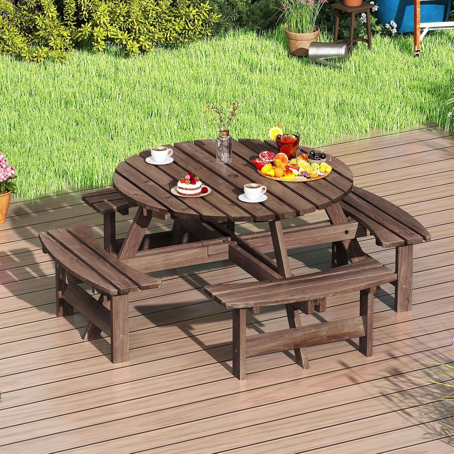 image:imageGiantex 6Person Round Picnic Table Set with 3 Benches 550 LBS Bench Capacity 2 Umbrella Hole Circular Outdoor Wood Dining Table amp Chairs for Patio Yard Garden Porch Deck 68x62x28BrownBrown