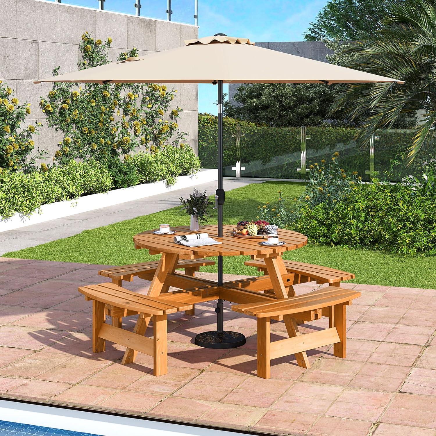 image:imageGiantex 6Person Round Picnic Table Set with 3 Benches 550 LBS Bench Capacity 2 Umbrella Hole Circular Outdoor Wood Dining Table amp Chairs for Patio Yard Garden Porch Deck 68x62x28BrownYellow
