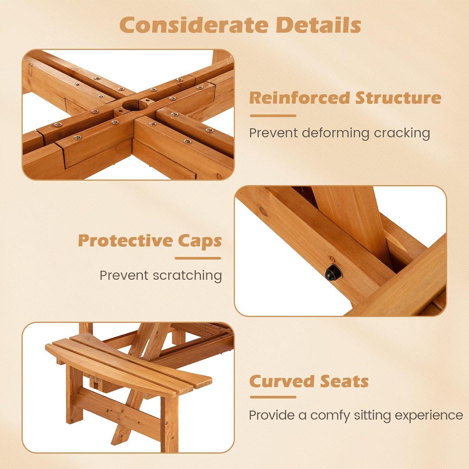 image:imageGiantex 6Person Round Picnic Table Set with 3 Benches 550 LBS Bench Capacity 2 Umbrella Hole Circular Outdoor Wood Dining Table amp Chairs for Patio Yard Garden Porch Deck 68x62x28BrownYellow