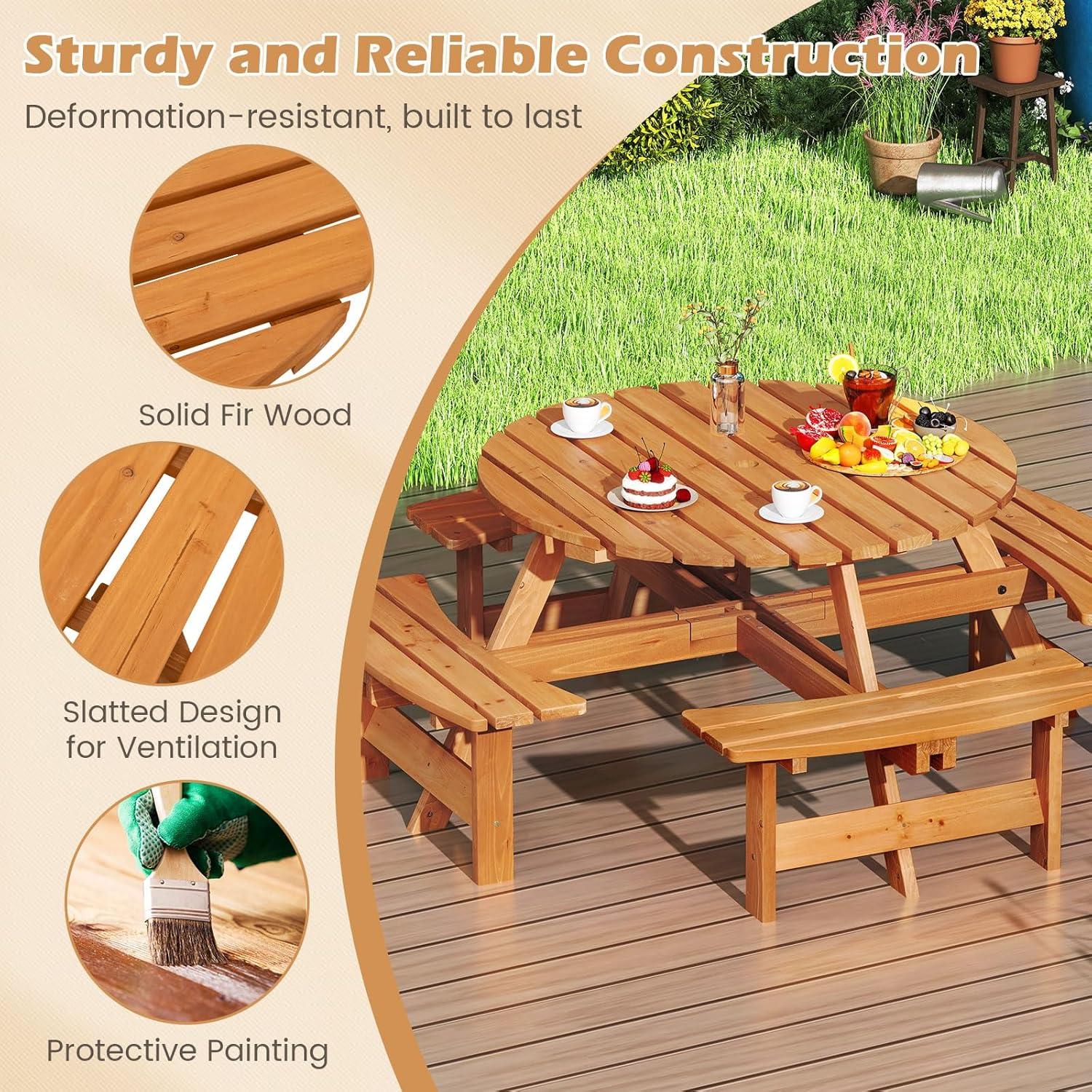image:imageGiantex 6Person Round Picnic Table Set with 3 Benches 550 LBS Bench Capacity 2 Umbrella Hole Circular Outdoor Wood Dining Table amp Chairs for Patio Yard Garden Porch Deck 68x62x28BrownYellow