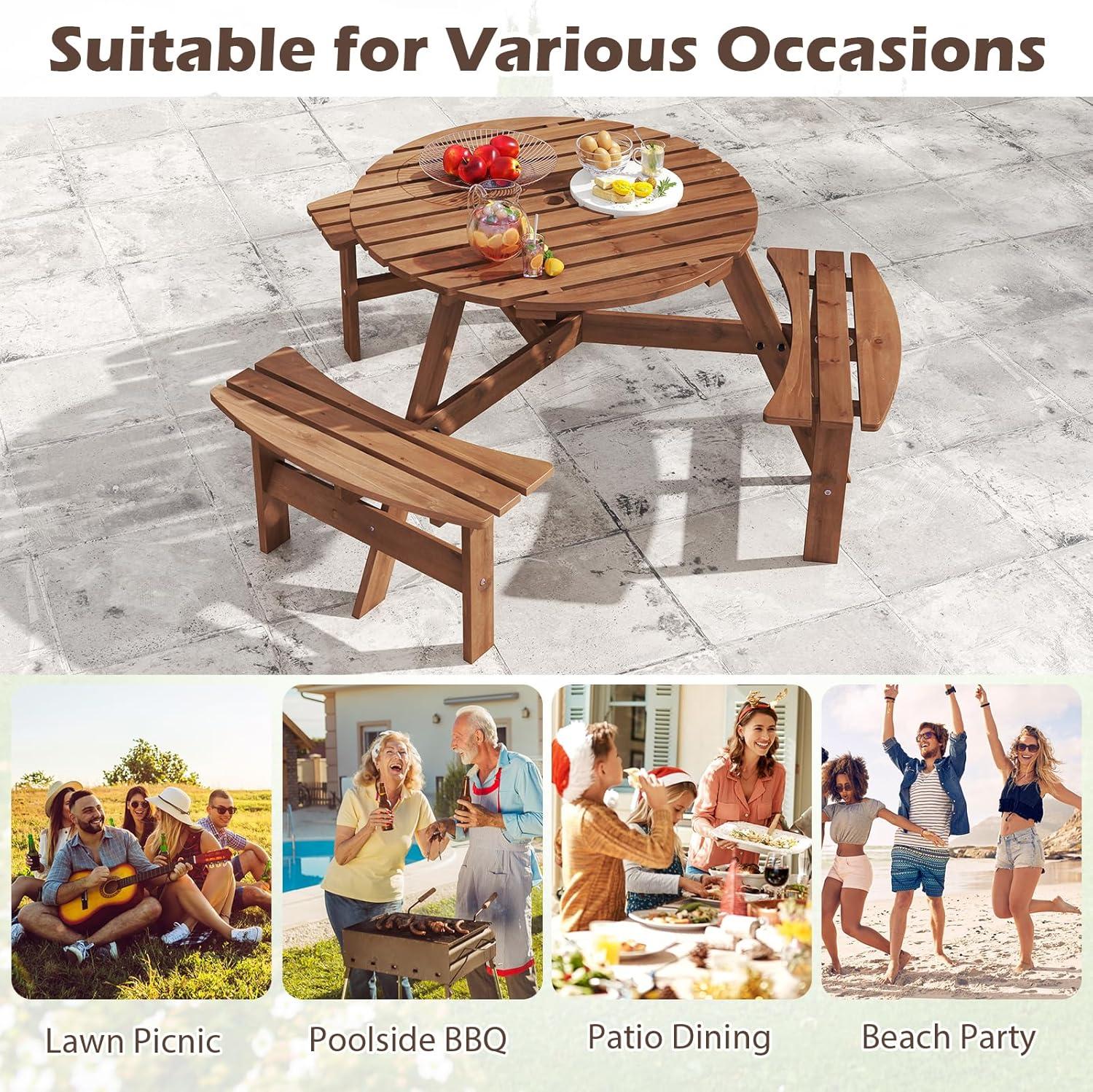 image:imageGiantex 6Person Round Picnic Table Set with 3 Benches 550 LBS Bench Capacity 2 Umbrella Hole Circular Outdoor Wood Dining Table amp Chairs for Patio Yard Garden Porch Deck 68x62x28BrownBrown