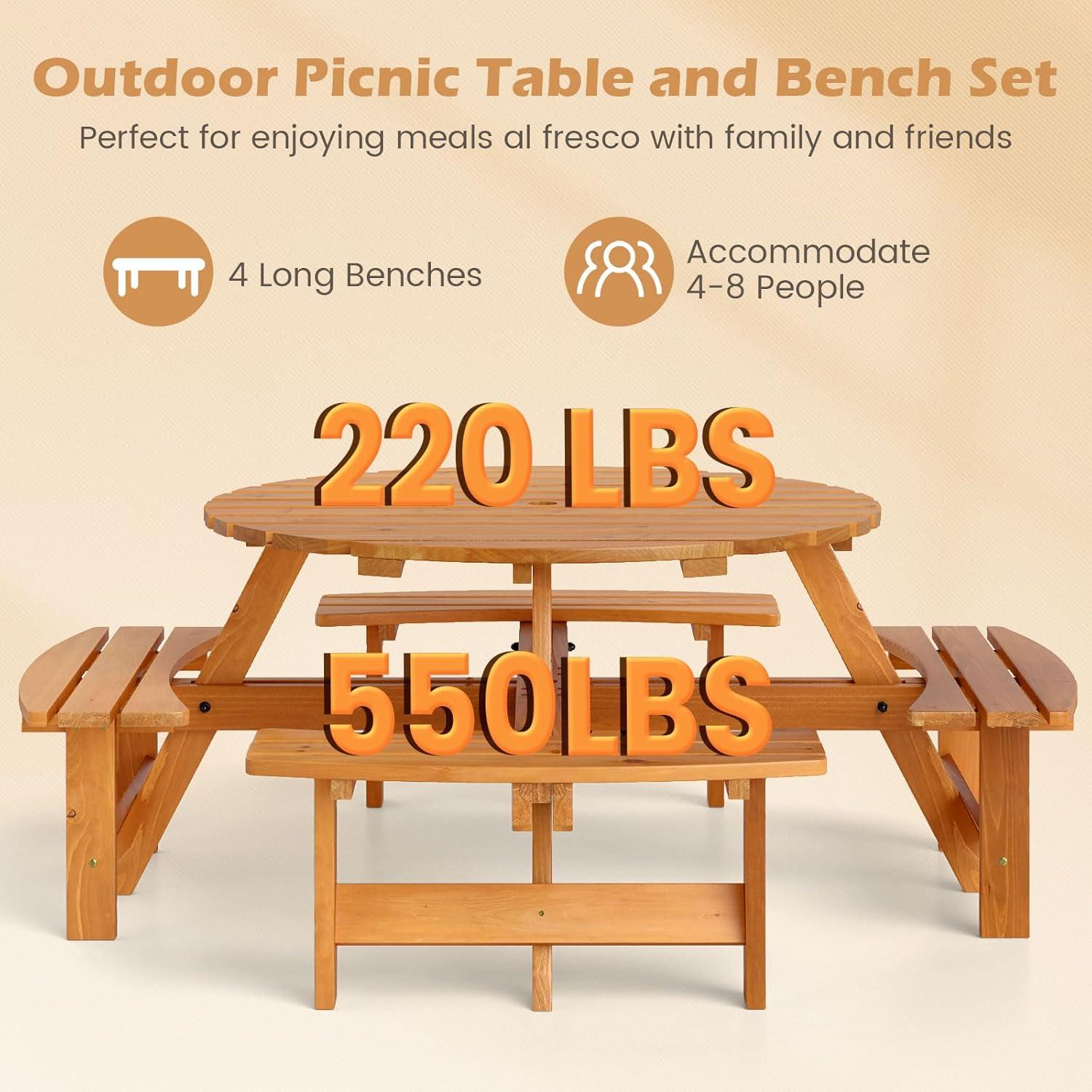 image:imageGiantex 6Person Round Picnic Table Set with 3 Benches 550 LBS Bench Capacity 2 Umbrella Hole Circular Outdoor Wood Dining Table amp Chairs for Patio Yard Garden Porch Deck 68x62x28BrownYellow