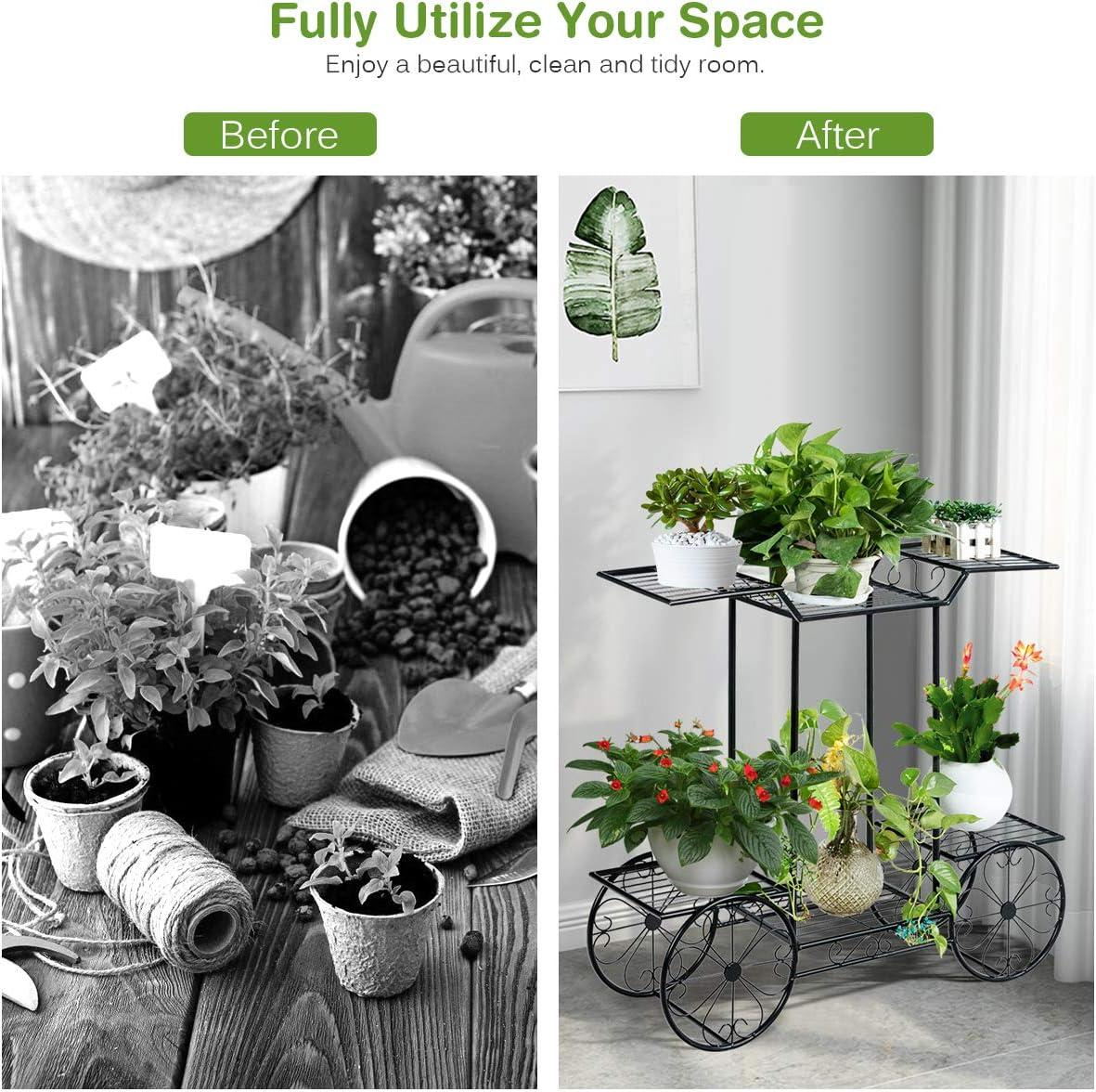 image:imageGiantex 6Tier Plant Stand Flower Pot Holder Metal Flower Display Shelf with 4 Decorative Wheels Multilayer Parisian Style Plant Pot Holder Rack for Indoor Garden Patio 32L x 10Wx 30H Black