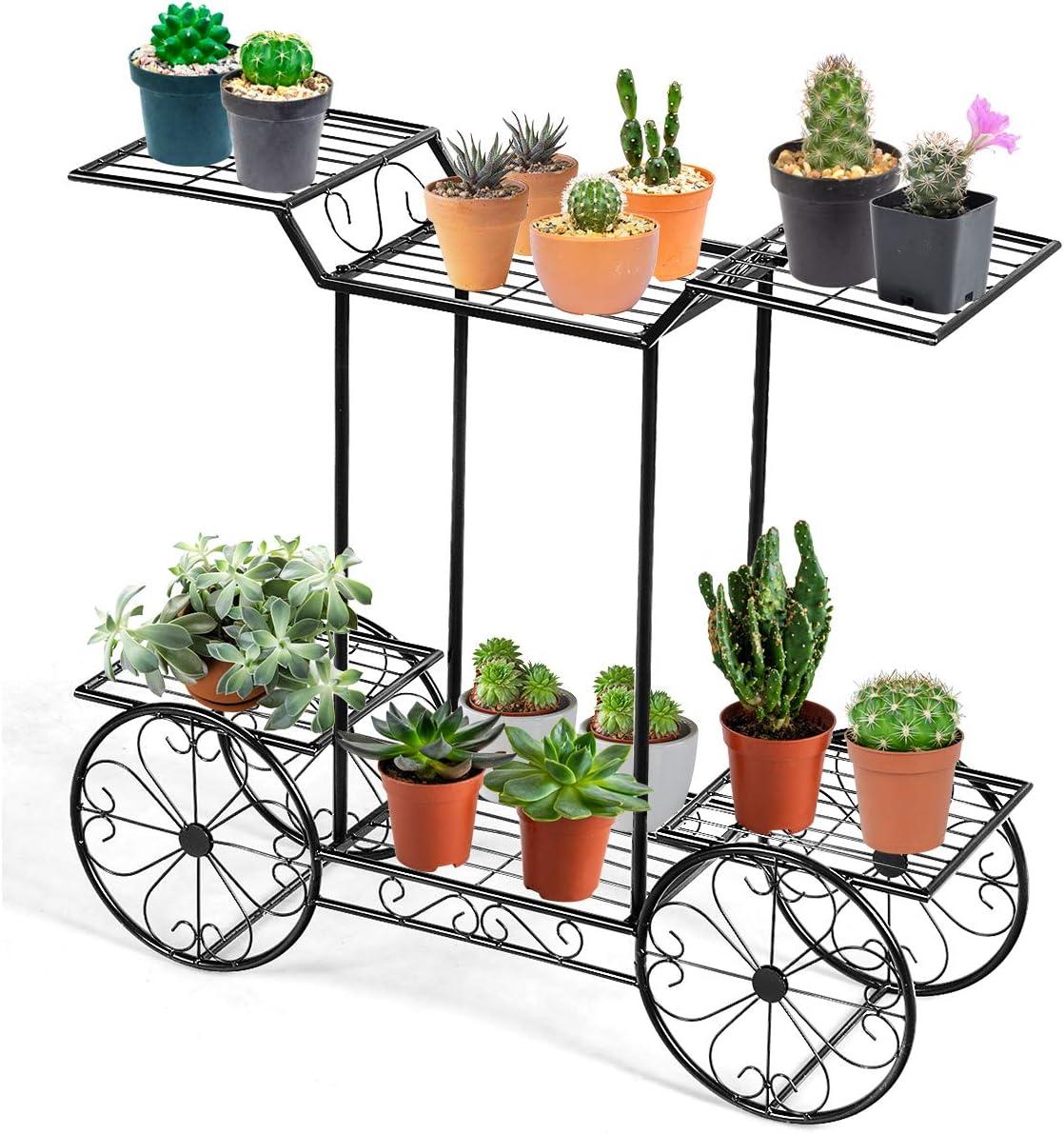 image:imageGiantex 6Tier Plant Stand Flower Pot Holder Metal Flower Display Shelf with 4 Decorative Wheels Multilayer Parisian Style Plant Pot Holder Rack for Indoor Garden Patio 32L x 10Wx 30H Black