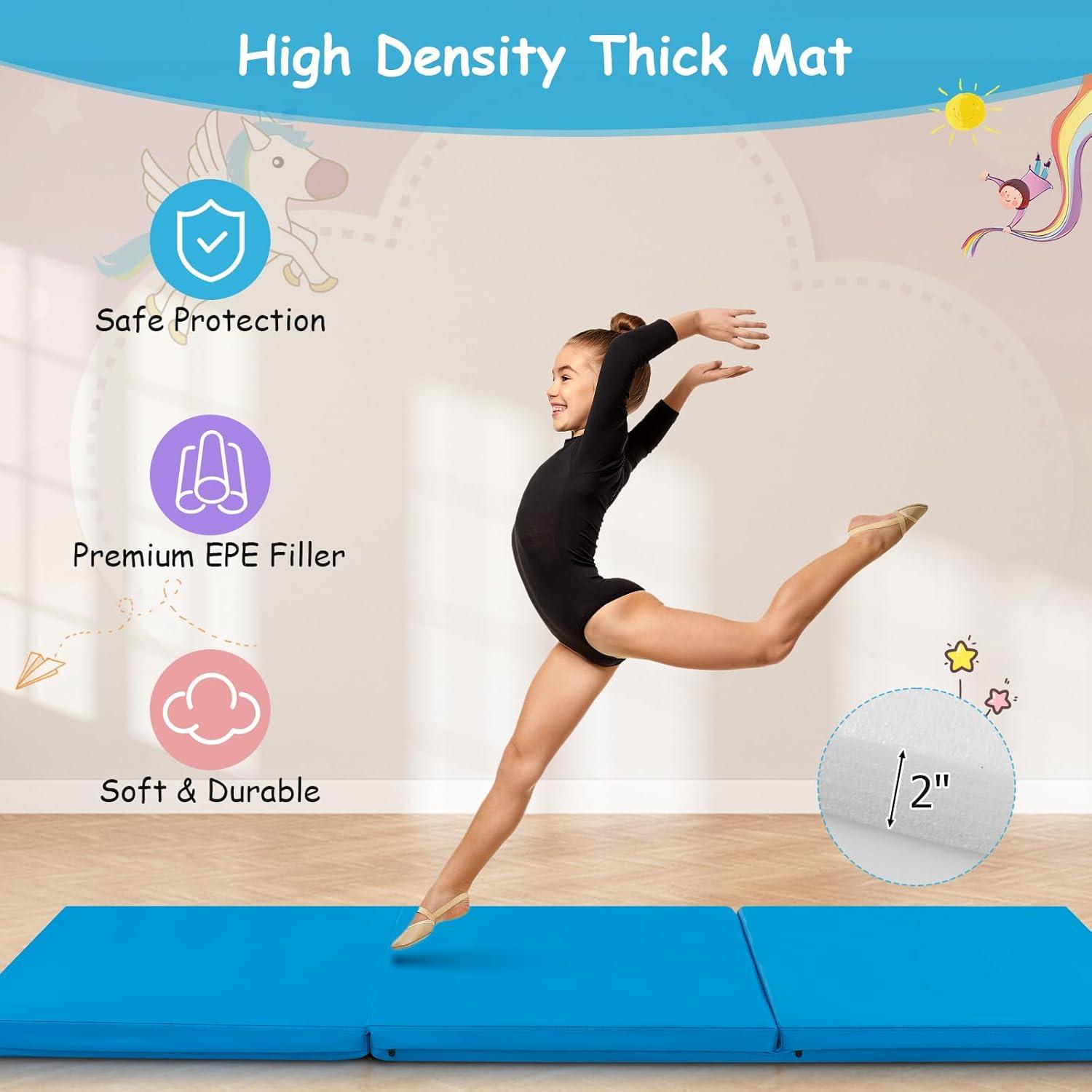 image:imageGiantex 6x 2 Gymnastics Mat 2 Thick Folding Tumbling Mat with Hook and Loop Fastener Foldable Gym Mat with Carrying Handles Cheer Mats for Kids Adults Home Exercise Aerobics FitnessBlue
