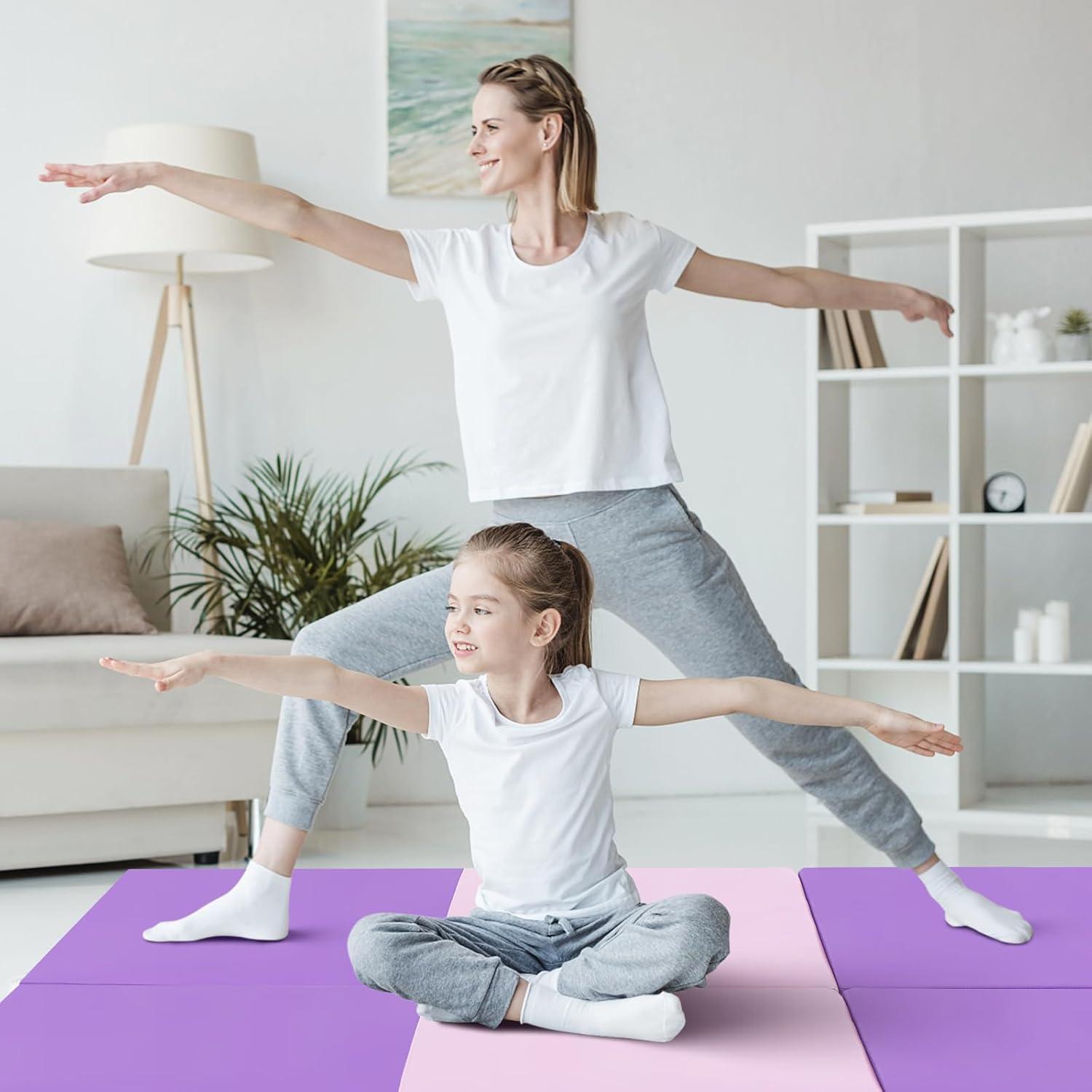 image:imageGiantex 6x 2 Gymnastics Mat 2 Thick Folding Tumbling Mat with Hook and Loop Fastener Foldable Gym Mat with Carrying Handles Cheer Mats for Kids Adults Home Exercise Aerobics FitnessPurplePink