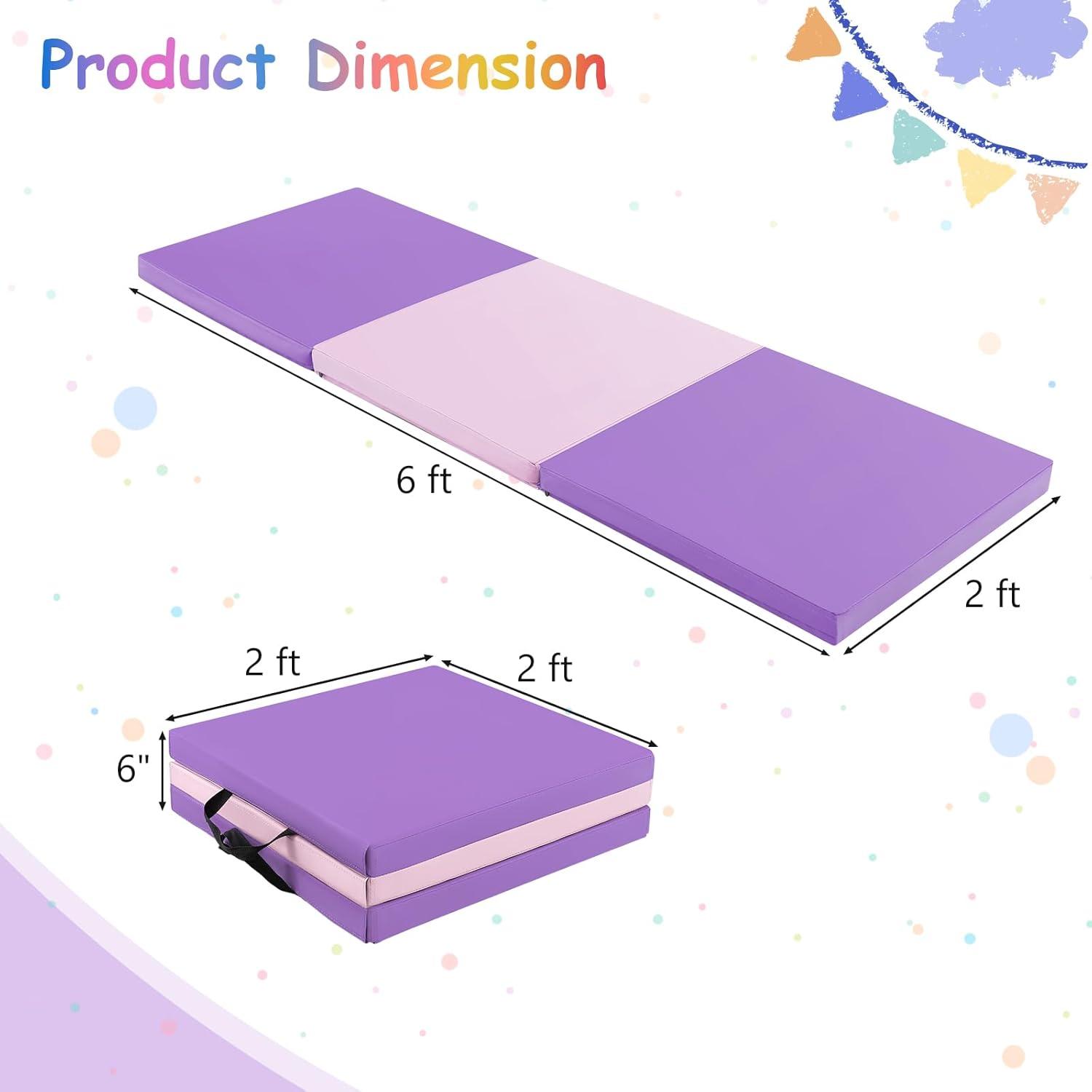 image:imageGiantex 6x 2 Gymnastics Mat 2 Thick Folding Tumbling Mat with Hook and Loop Fastener Foldable Gym Mat with Carrying Handles Cheer Mats for Kids Adults Home Exercise Aerobics FitnessPurplePink