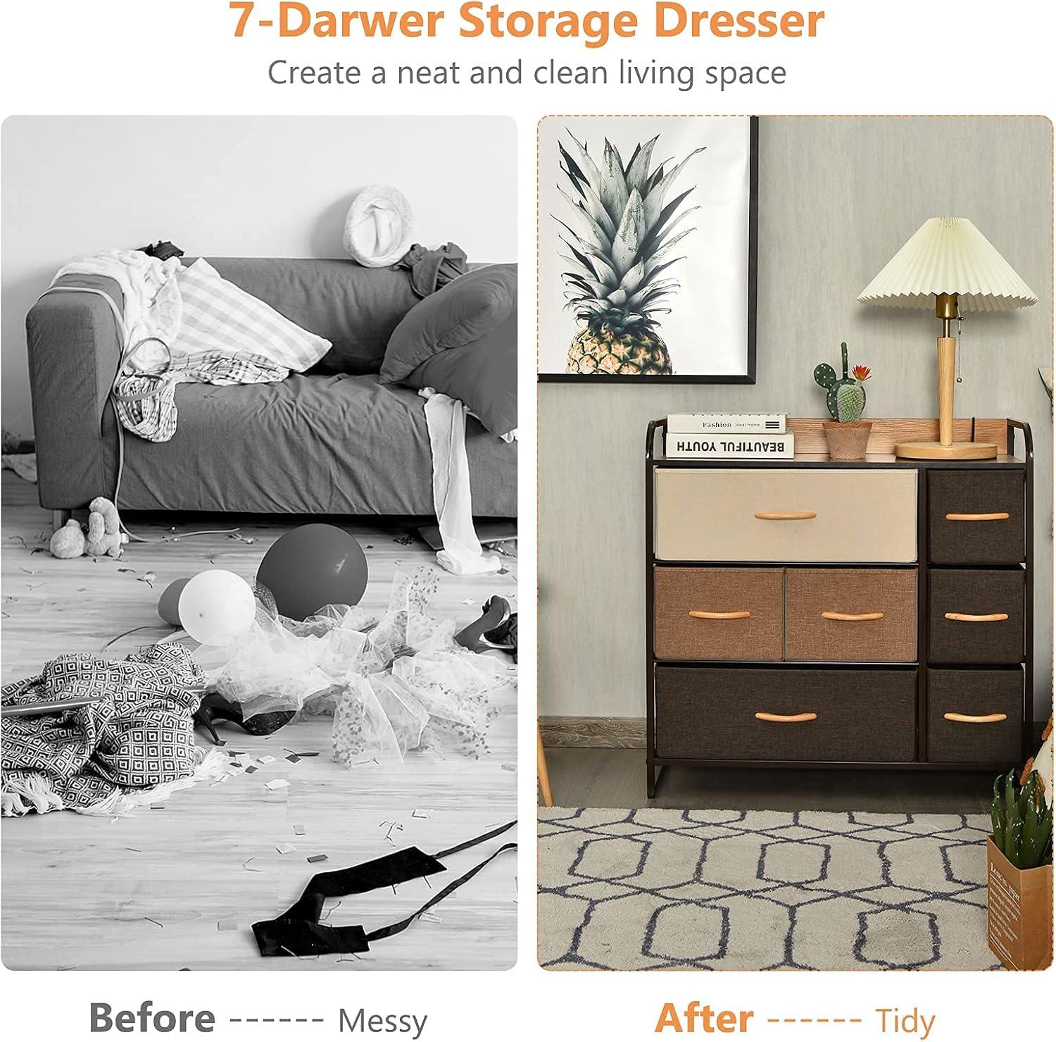 image:imageGiantex 7 Drawer Dresser Storage Tower with Foldable Fabric Drawers Steel Frame amp Wooden Top Vertical Organizer Unit for Closets Nursery Bedroom Utility Dresser Chest 315 x 115 x 31 inch