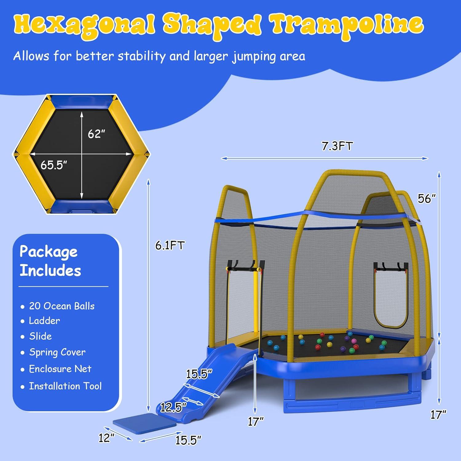 image:imageGiantex 7 FT Kids Trampoline with Ladder Slide Ocean Balls ASTM Approved Recreational Trampoline with Net Spring CoverBlue