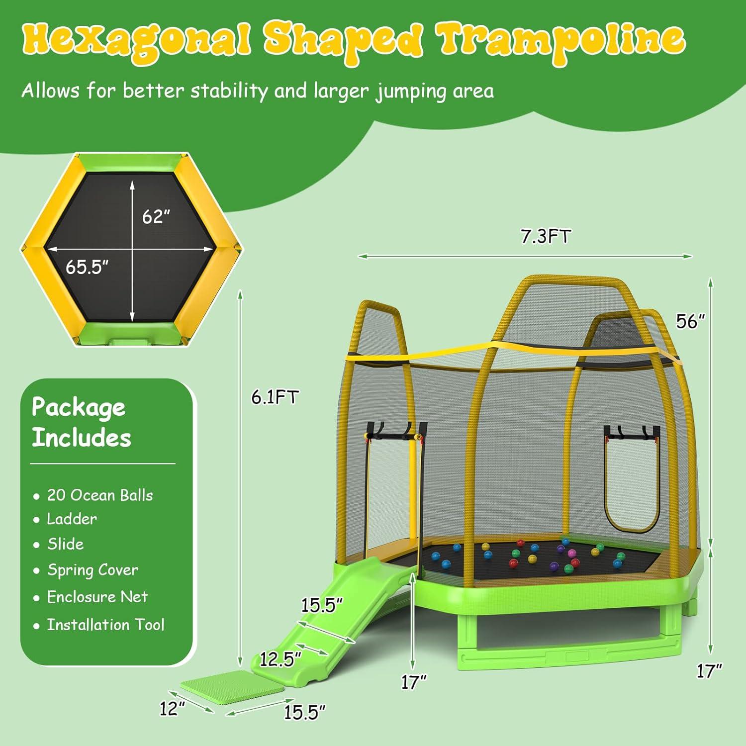 image:imageGiantex 7 FT Kids Trampoline with Ladder Slide Ocean Balls ASTM Approved Recreational Trampoline with Net Spring CoverGreen