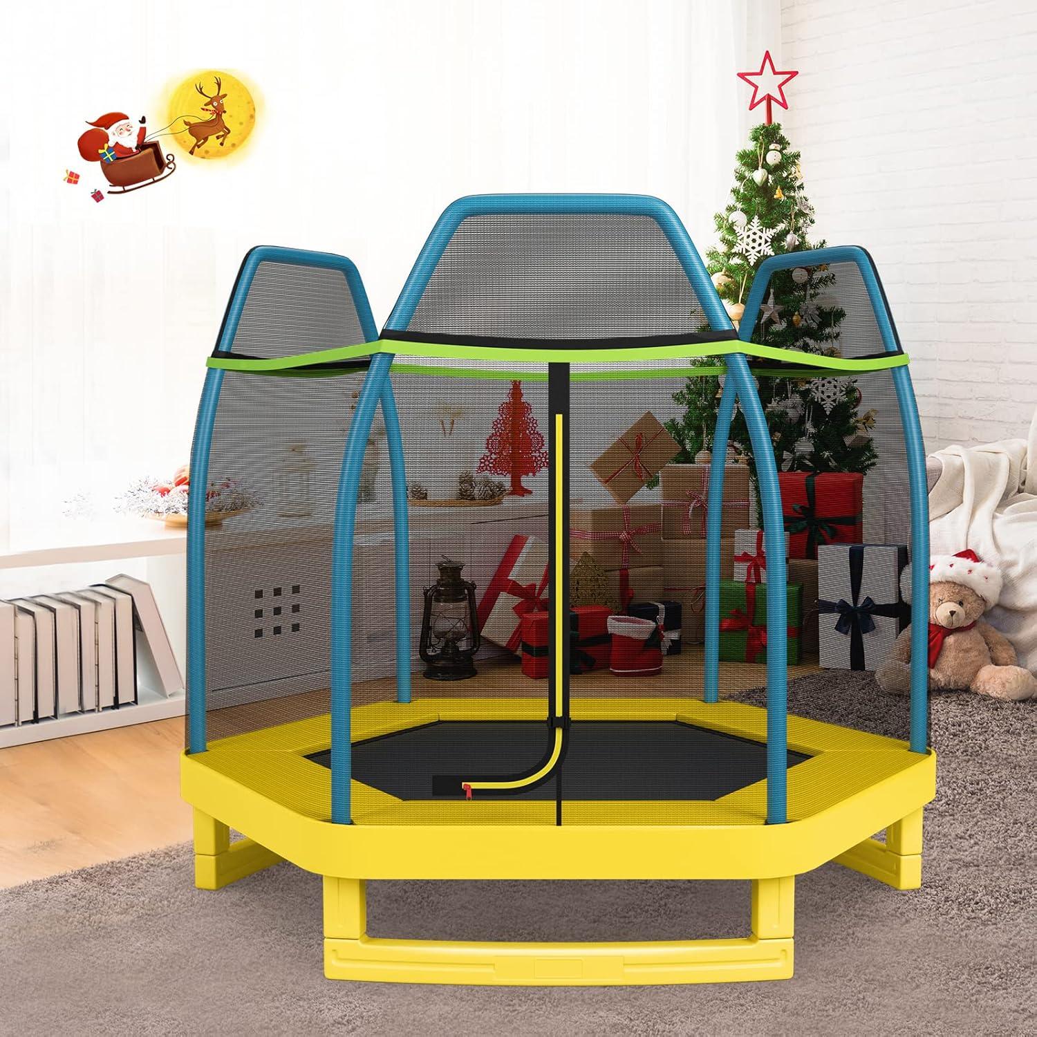 image:imageGiantex 7 Ft Trampoline for Kids Heavy Duty Steel Frame Small Mini Toddler Trampoline Great Gifts for Boys Girls Outdoor Indoor Kids Trampoline with Net for Age 38Blue Yellow