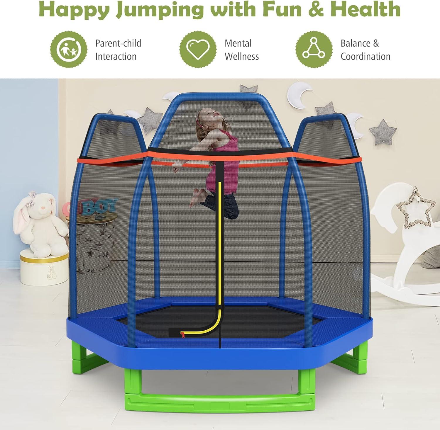 image:imageGiantex 7 Ft Trampoline for Kids Heavy Duty Steel Frame Small Mini Toddler Trampoline Great Gifts for Boys Girls Outdoor Indoor Kids Trampoline with Net for Age 38Blue Green