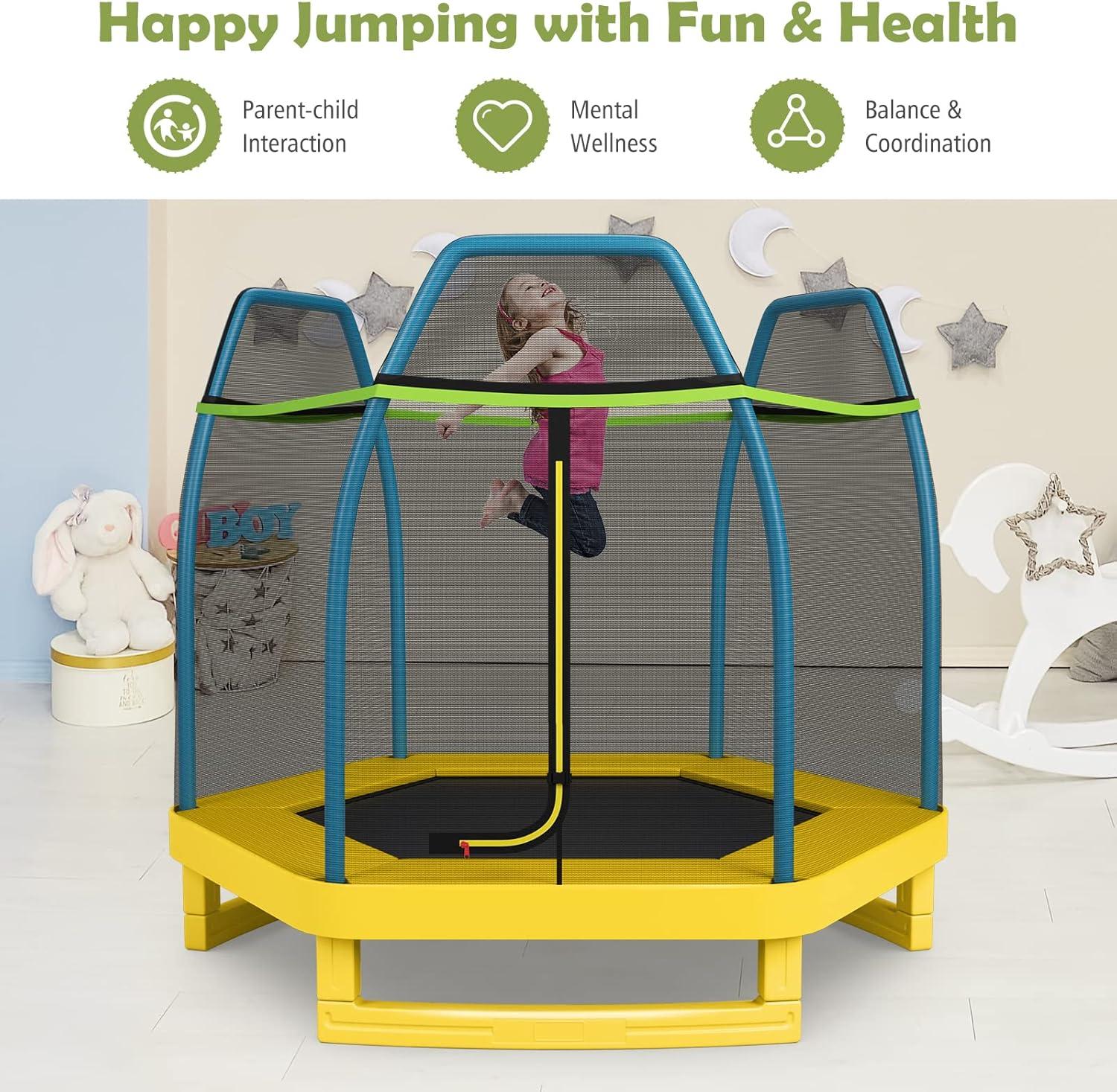 image:imageGiantex 7 Ft Trampoline for Kids Heavy Duty Steel Frame Small Mini Toddler Trampoline Great Gifts for Boys Girls Outdoor Indoor Kids Trampoline with Net for Age 38Blue Yellow