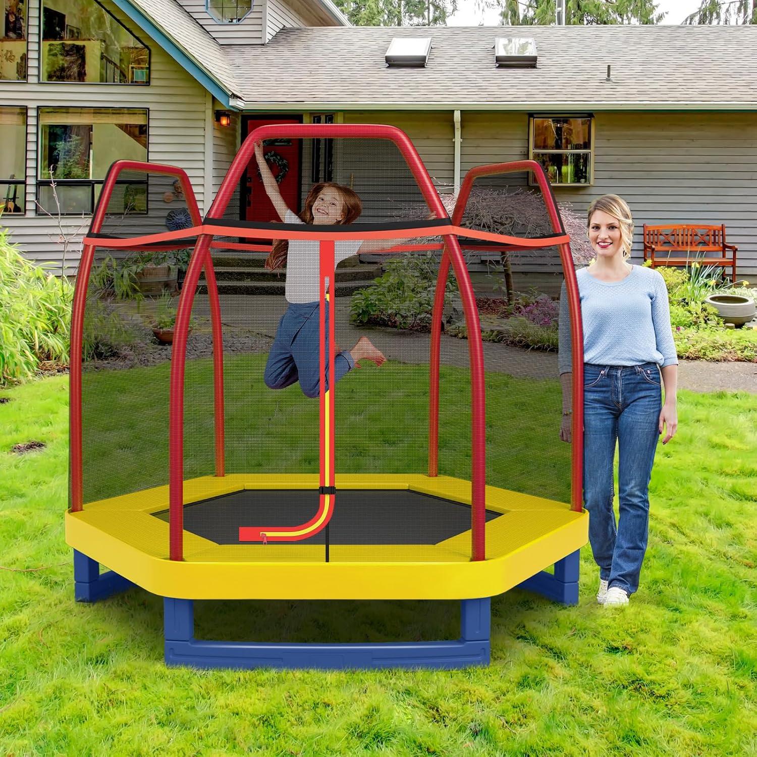 image:imageGiantex 7 Ft Trampoline for Kids Heavy Duty Steel Frame Small Mini Toddler Trampoline Great Gifts for Boys Girls Outdoor Indoor Kids Trampoline with Net for Age 38RedYellowBlue