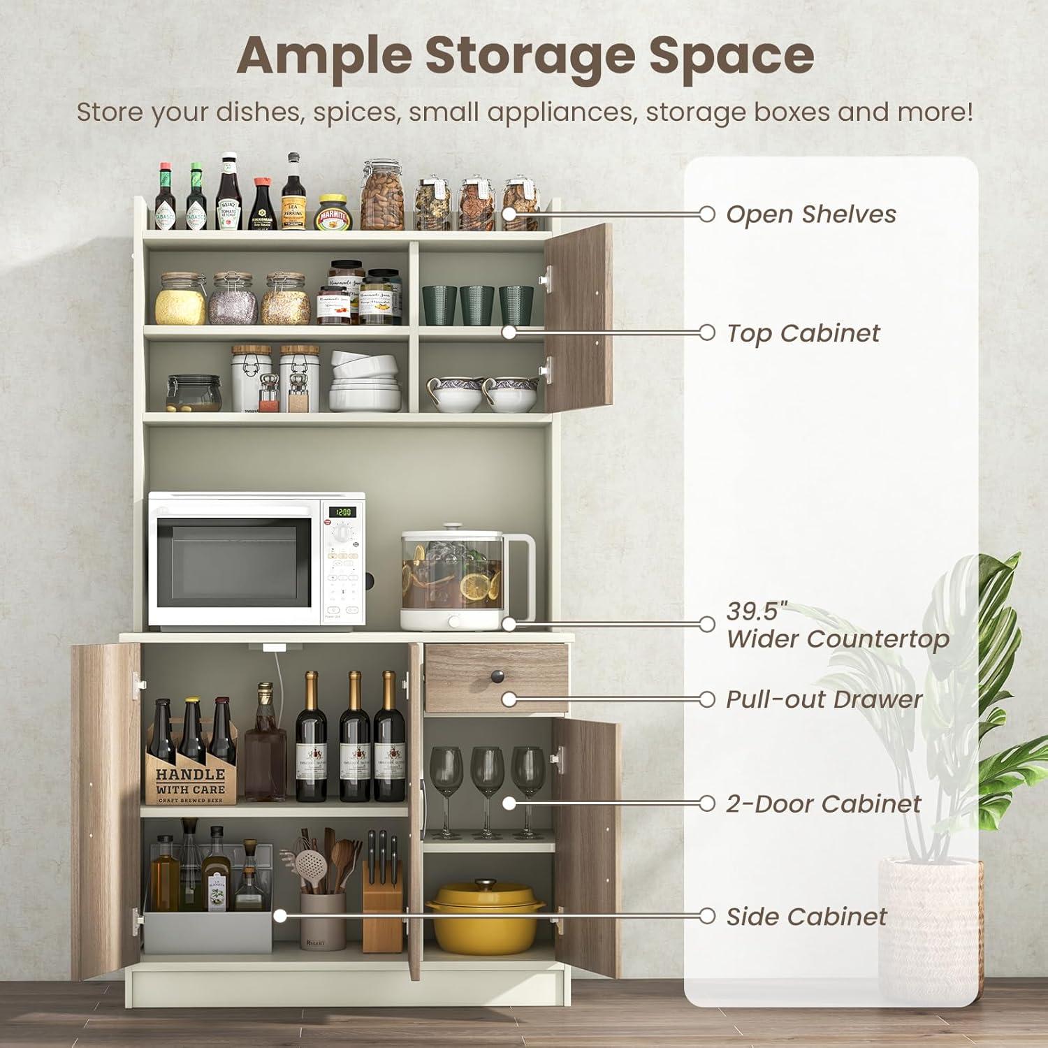 image:imageGiantex 71 Buffet Hutch Cabinet with Power Outlet Kitchen Hutch Sideboard Buffet Pantry on Island Wood Kitchenware Server with Drawer Shelf and Storage Cabinet White amp WalnutWhite Walnut