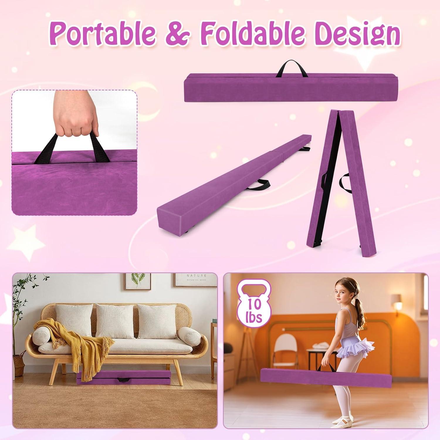 image:imageGiantex 7FT8FT9FT Balance Beam Folding Gymnastics Beam wCarry Handles Floor Foam Gymnastics Equipment for Kids Non Slip Rubber Base for Exercise Practice amp Professional Home TrainingPurple