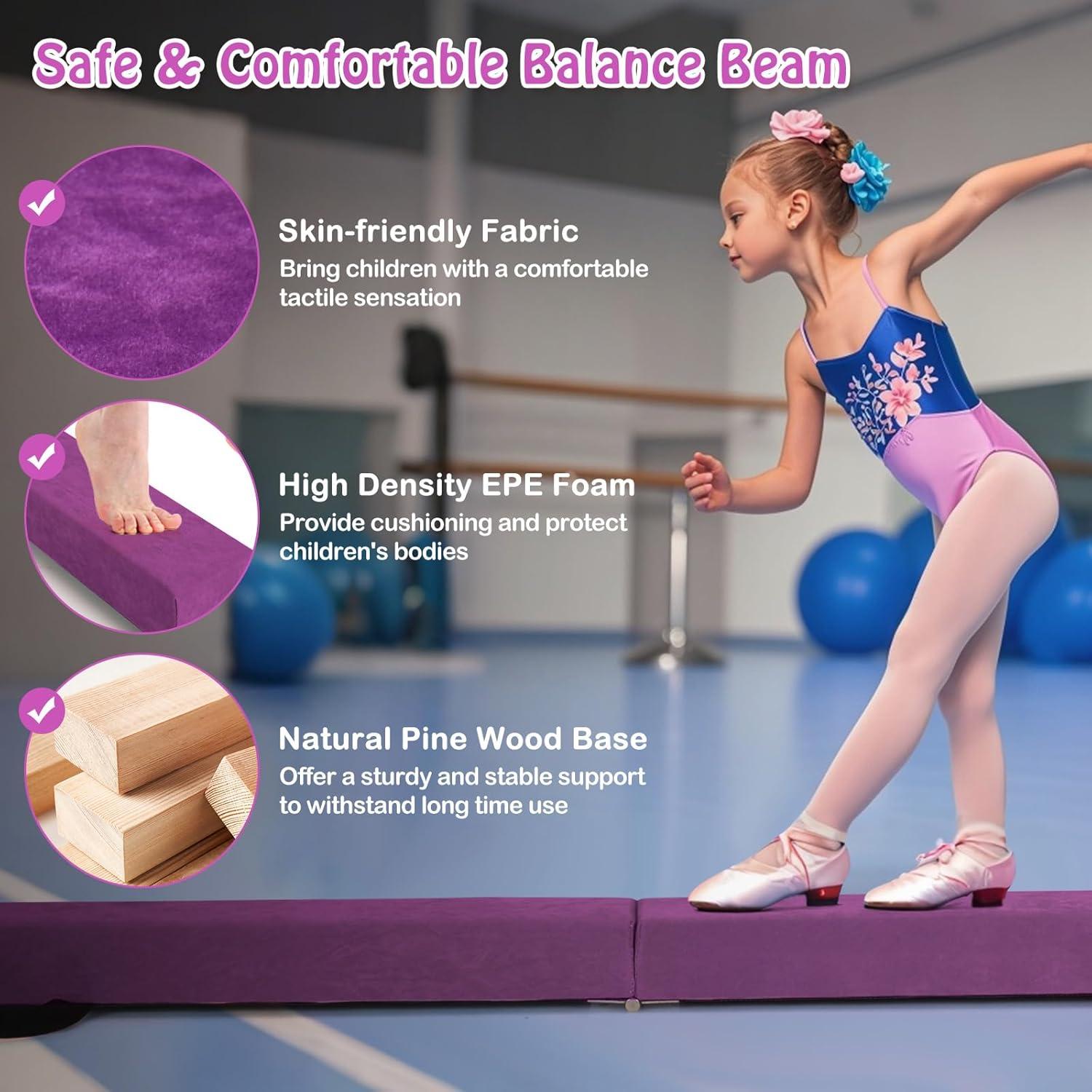 image:imageGiantex 7FT8FT9FT Balance Beam Folding Gymnastics Beam wCarry Handles Floor Foam Gymnastics Equipment for Kids Non Slip Rubber Base for Exercise Practice amp Professional Home TrainingPurple