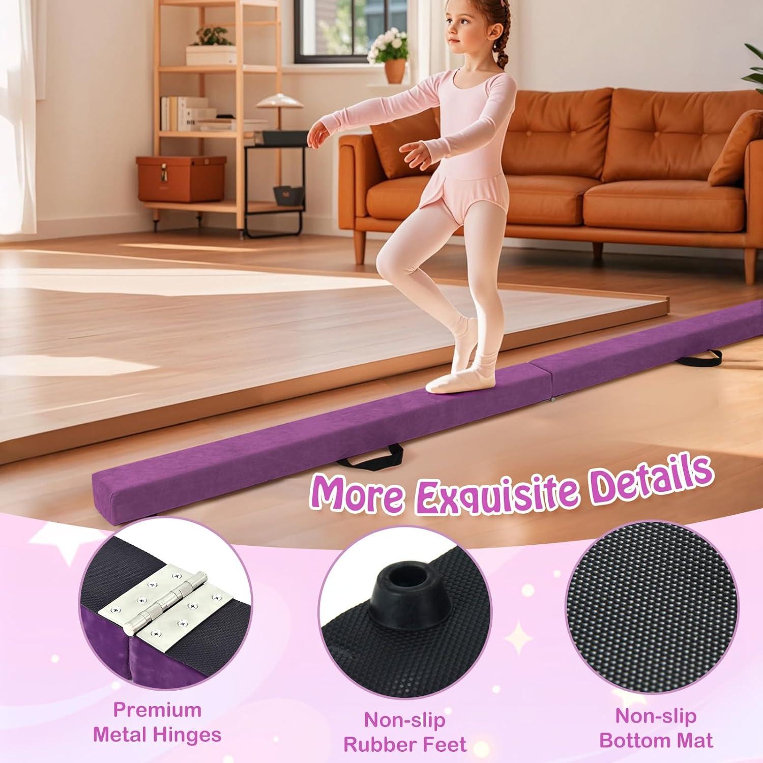 image:imageGiantex 7FT8FT9FT Balance Beam Folding Gymnastics Beam wCarry Handles Floor Foam Gymnastics Equipment for Kids Non Slip Rubber Base for Exercise Practice amp Professional Home TrainingPurple