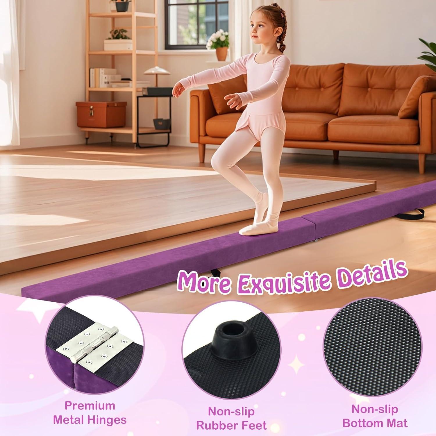 image:imageGiantex 7FT8FT9FT Balance Beam Folding Gymnastics Beam wCarry Handles Floor Foam Gymnastics Equipment for Kids Non Slip Rubber Base for Exercise Practice amp Professional Home TrainingPurple