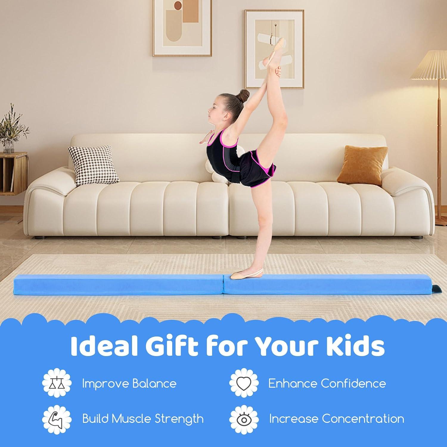 image:imageGiantex 7FT8FT9FT Balance Beam Folding Gymnastics Beam wCarry Handles Floor Foam Gymnastics Equipment for Kids Non Slip Rubber Base for Exercise Practice amp Professional Home TrainingBaby Blue
