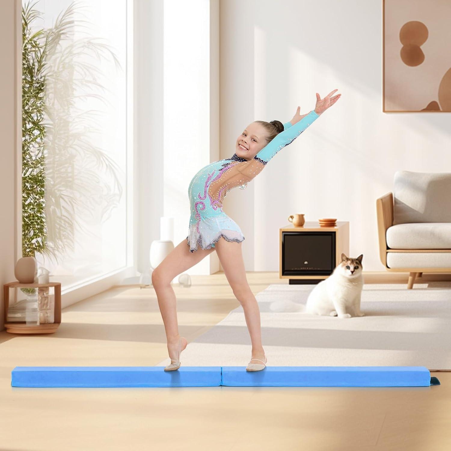 image:imageGiantex 7FT8FT9FT Balance Beam Folding Gymnastics Beam wCarry Handles Floor Foam Gymnastics Equipment for Kids Non Slip Rubber Base for Exercise Practice amp Professional Home TrainingBaby Blue