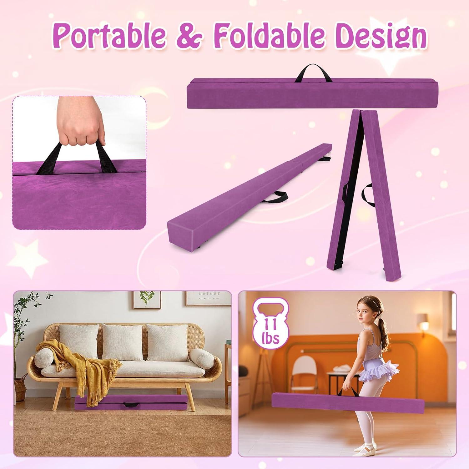 image:imageGiantex 7FT8FT9FT Balance Beam Folding Gymnastics Beam wCarry Handles Floor Foam Gymnastics Equipment for Kids Non Slip Rubber Base for Exercise Practice amp Professional Home TrainingPurple