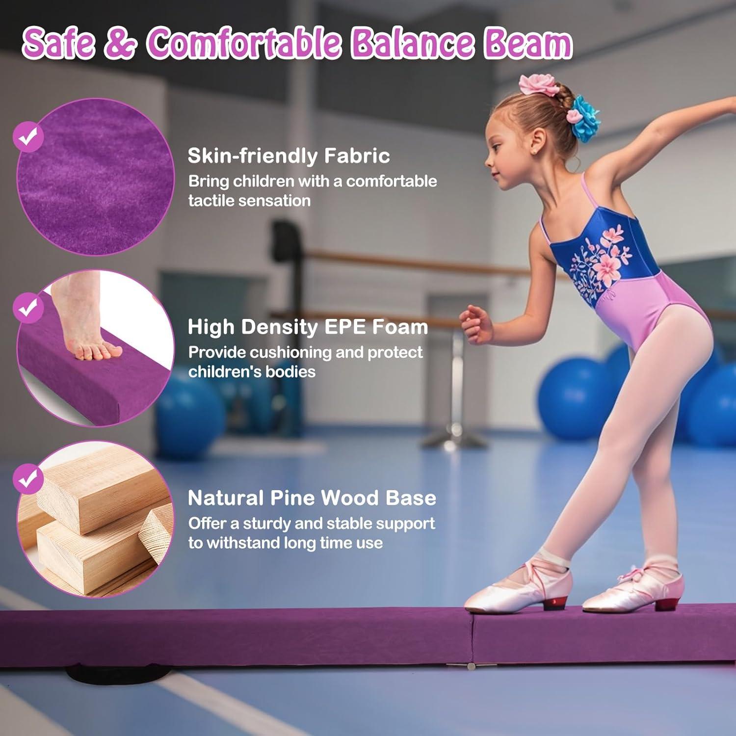 image:imageGiantex 7FT8FT9FT Balance Beam Folding Gymnastics Beam wCarry Handles Floor Foam Gymnastics Equipment for Kids Non Slip Rubber Base for Exercise Practice amp Professional Home TrainingPurple
