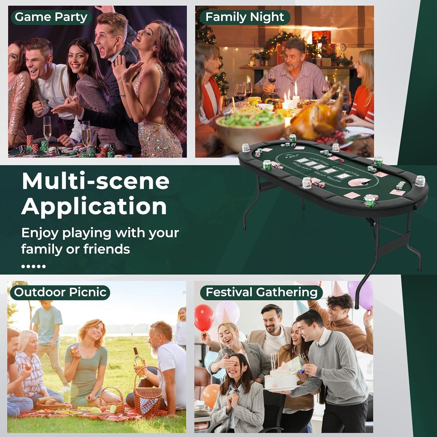 image:imageGiantex 8 Player Poker Table Foldable 72 Portable Folding Texas Holdem Poker Tables wPadded Rails Cup Holders Casino Grade Felt Surface Oval Card Game Poker Table for Game Room BlackBlackgreen