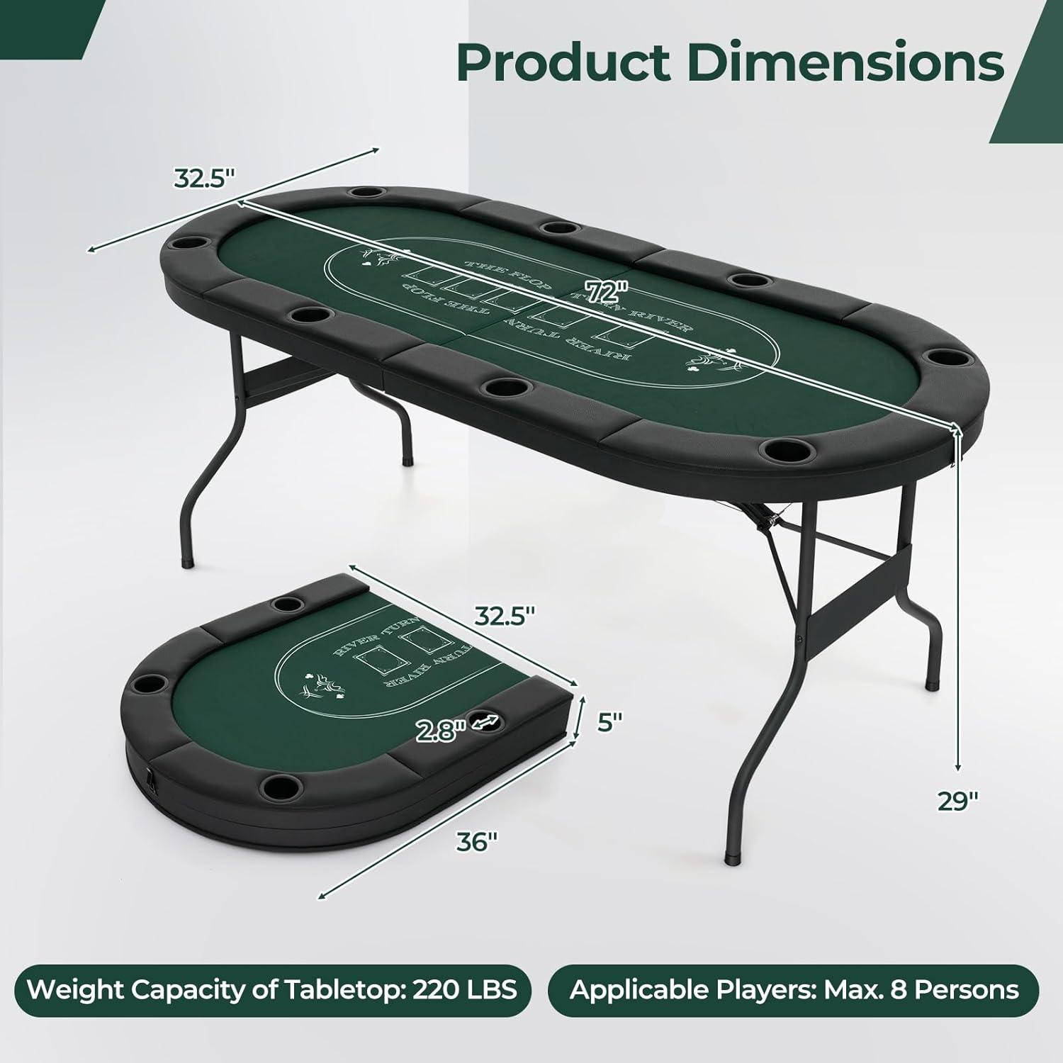 image:imageGiantex 8 Player Poker Table Foldable 72 Portable Folding Texas Holdem Poker Tables wPadded Rails Cup Holders Casino Grade Felt Surface Oval Card Game Poker Table for Game Room BlackBlackgreen