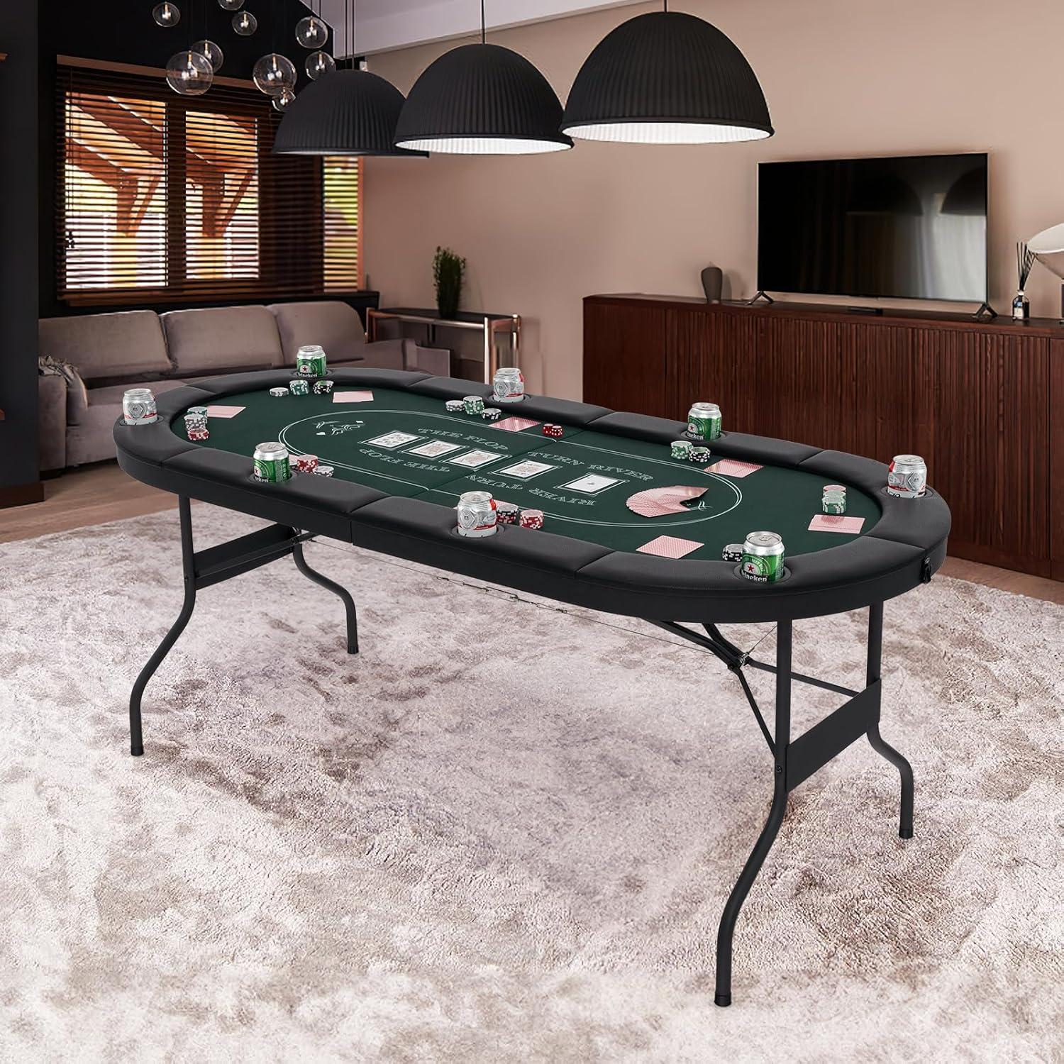 image:imageGiantex 8 Player Poker Table Foldable 72 Portable Folding Texas Holdem Poker Tables wPadded Rails Cup Holders Casino Grade Felt Surface Oval Card Game Poker Table for Game Room BlackBlackgreen
