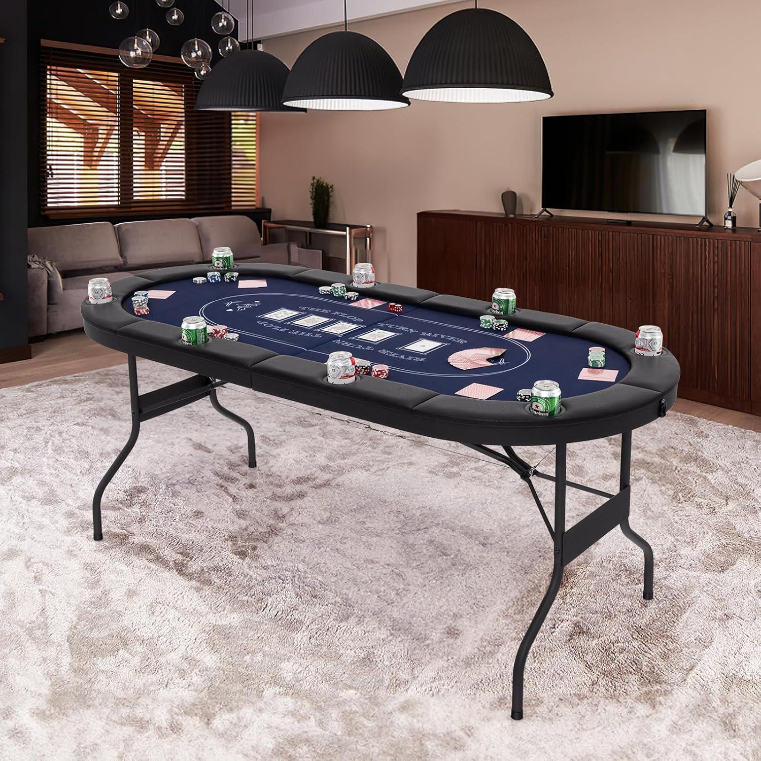 image:imageGiantex 8 Player Poker Table Foldable 72 Portable Folding Texas Holdem Poker Tables wPadded Rails Cup Holders Casino Grade Felt Surface Oval Card Game Poker Table for Game Room BlackBlackblue
