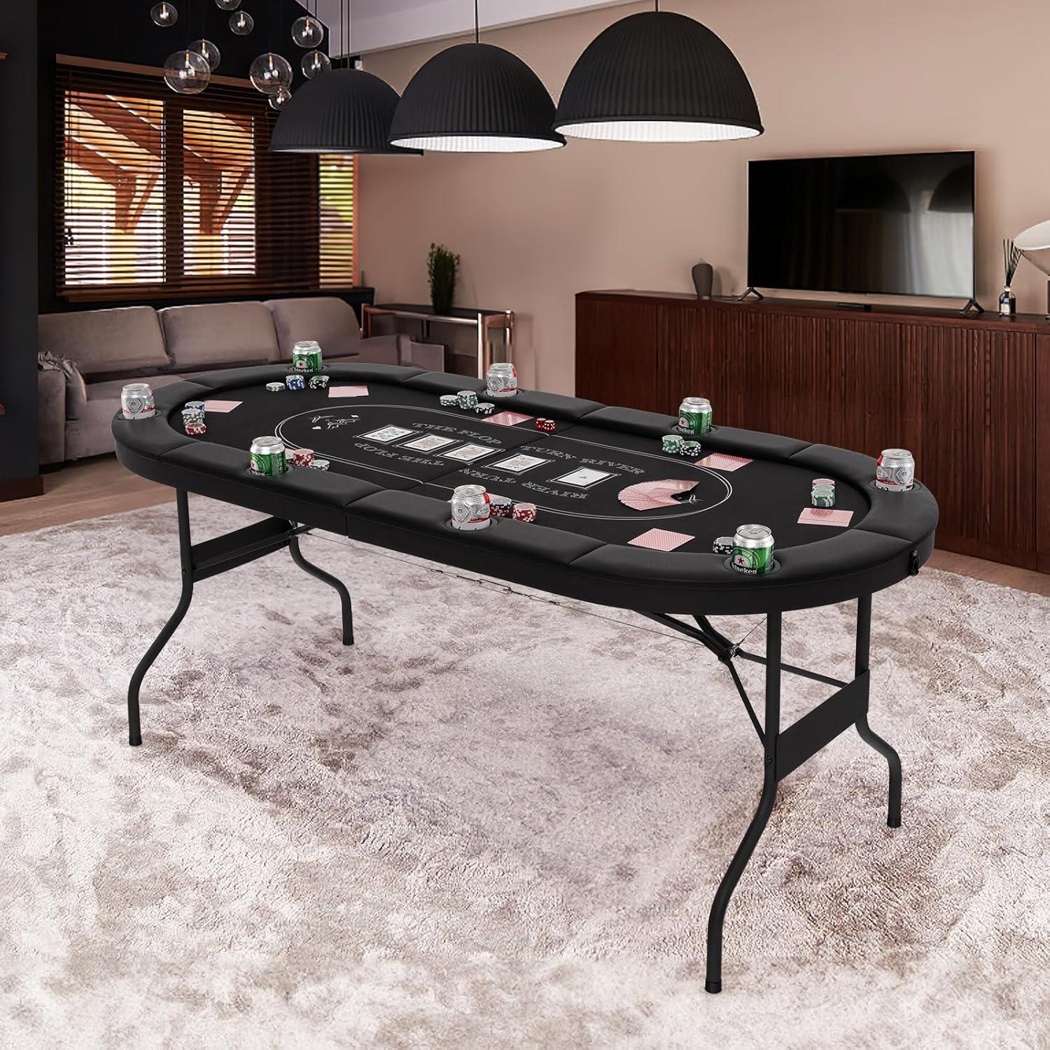 image:imageGiantex 8 Player Poker Table Foldable 72 Portable Folding Texas Holdem Poker Tables wPadded Rails Cup Holders Casino Grade Felt Surface Oval Card Game Poker Table for Game Room BlackBlack