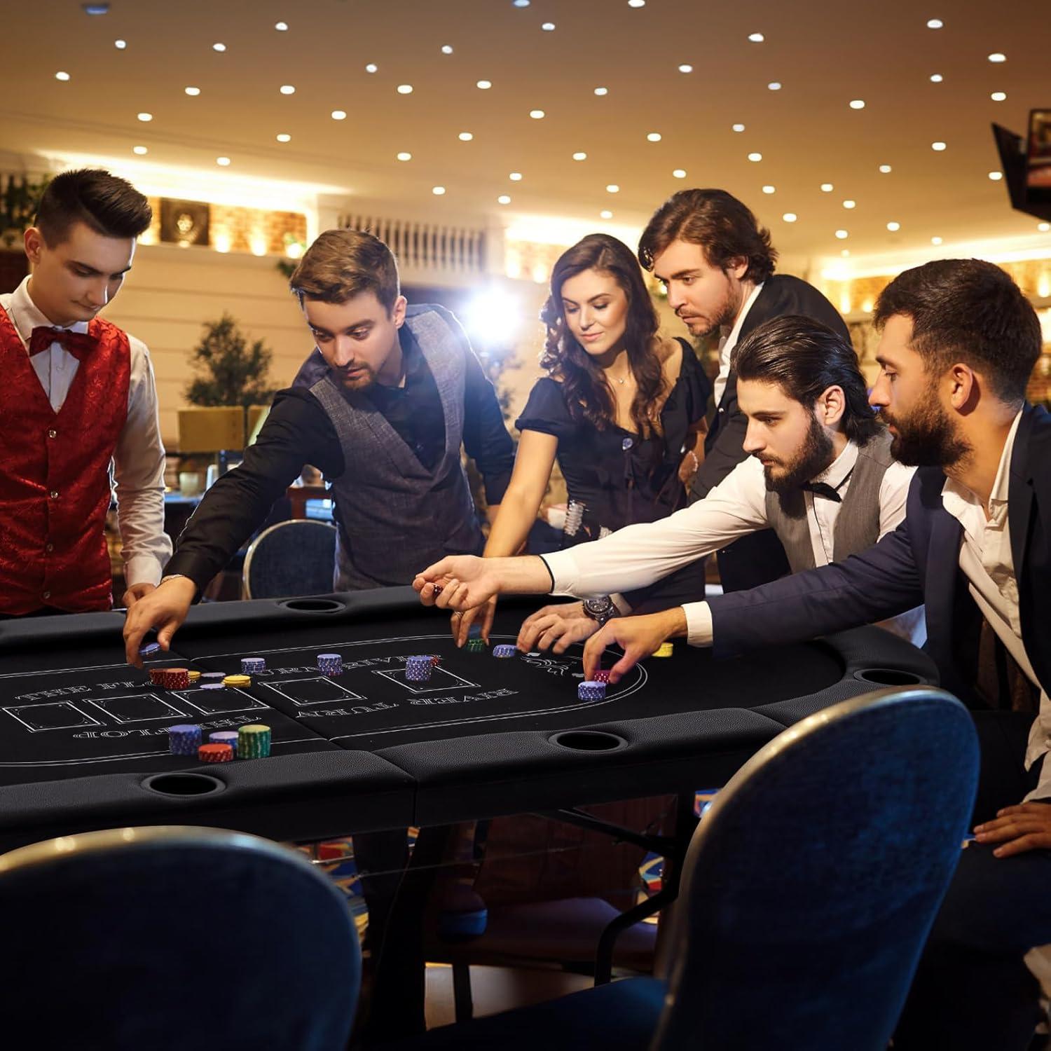 image:imageGiantex 8 Player Poker Table Foldable 72 Portable Folding Texas Holdem Poker Tables wPadded Rails Cup Holders Casino Grade Felt Surface Oval Card Game Poker Table for Game Room BlackBlack