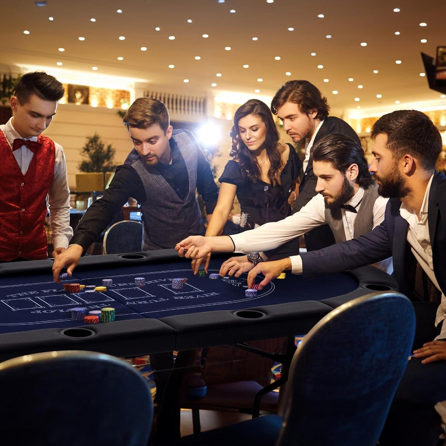 image:imageGiantex 8 Player Poker Table Foldable 72 Portable Folding Texas Holdem Poker Tables wPadded Rails Cup Holders Casino Grade Felt Surface Oval Card Game Poker Table for Game Room BlackBlackblue