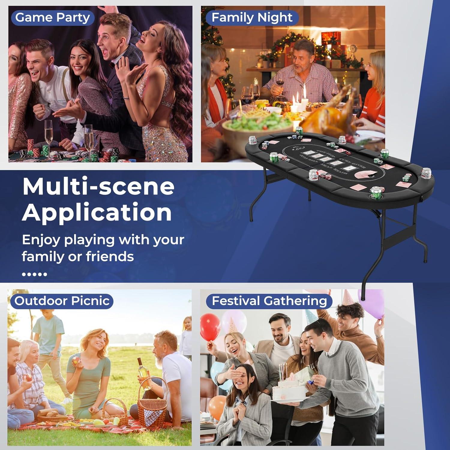 image:imageGiantex 8 Player Poker Table Foldable 72 Portable Folding Texas Holdem Poker Tables wPadded Rails Cup Holders Casino Grade Felt Surface Oval Card Game Poker Table for Game Room BlackBlack