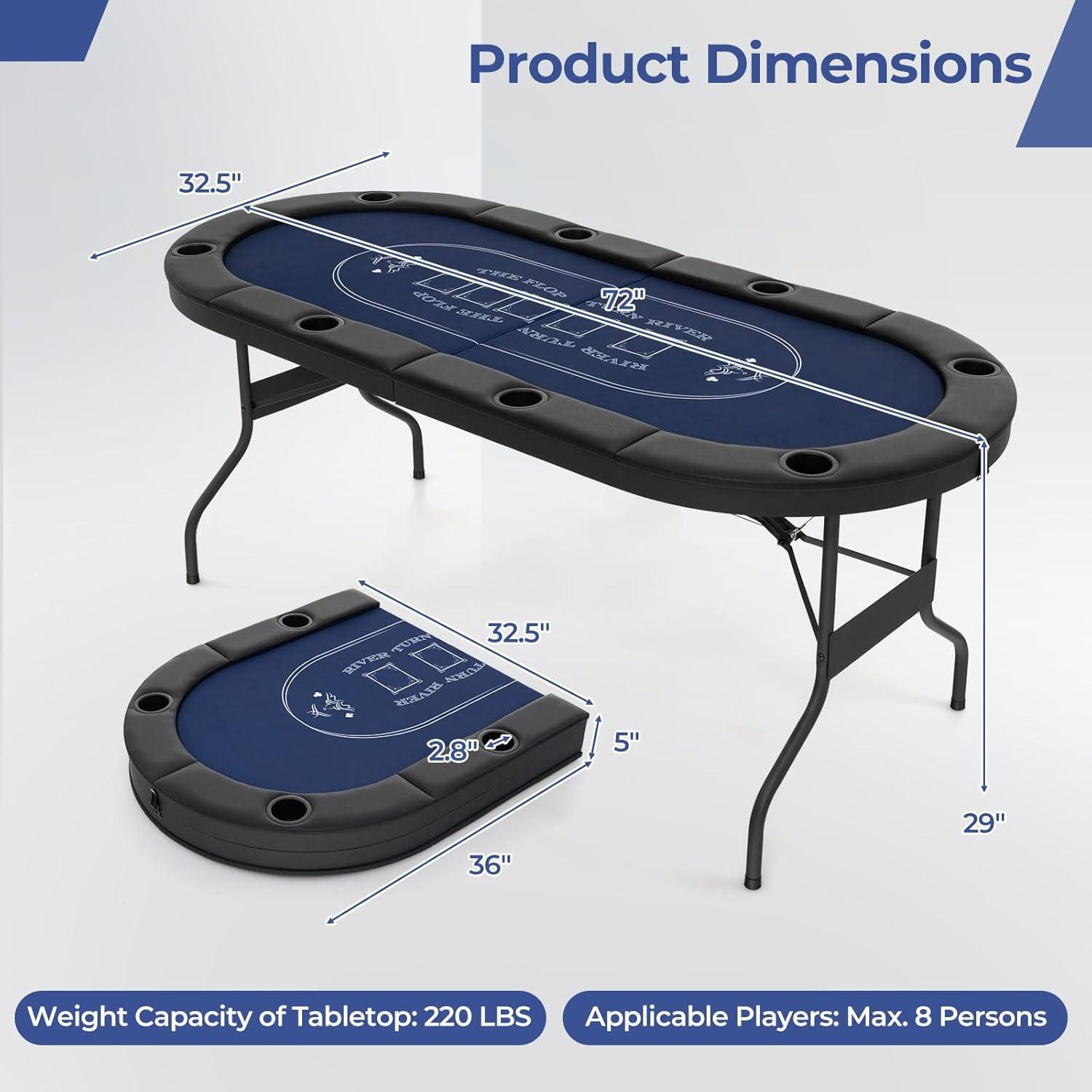 image:imageGiantex 8 Player Poker Table Foldable 72 Portable Folding Texas Holdem Poker Tables wPadded Rails Cup Holders Casino Grade Felt Surface Oval Card Game Poker Table for Game Room BlackBlackblue