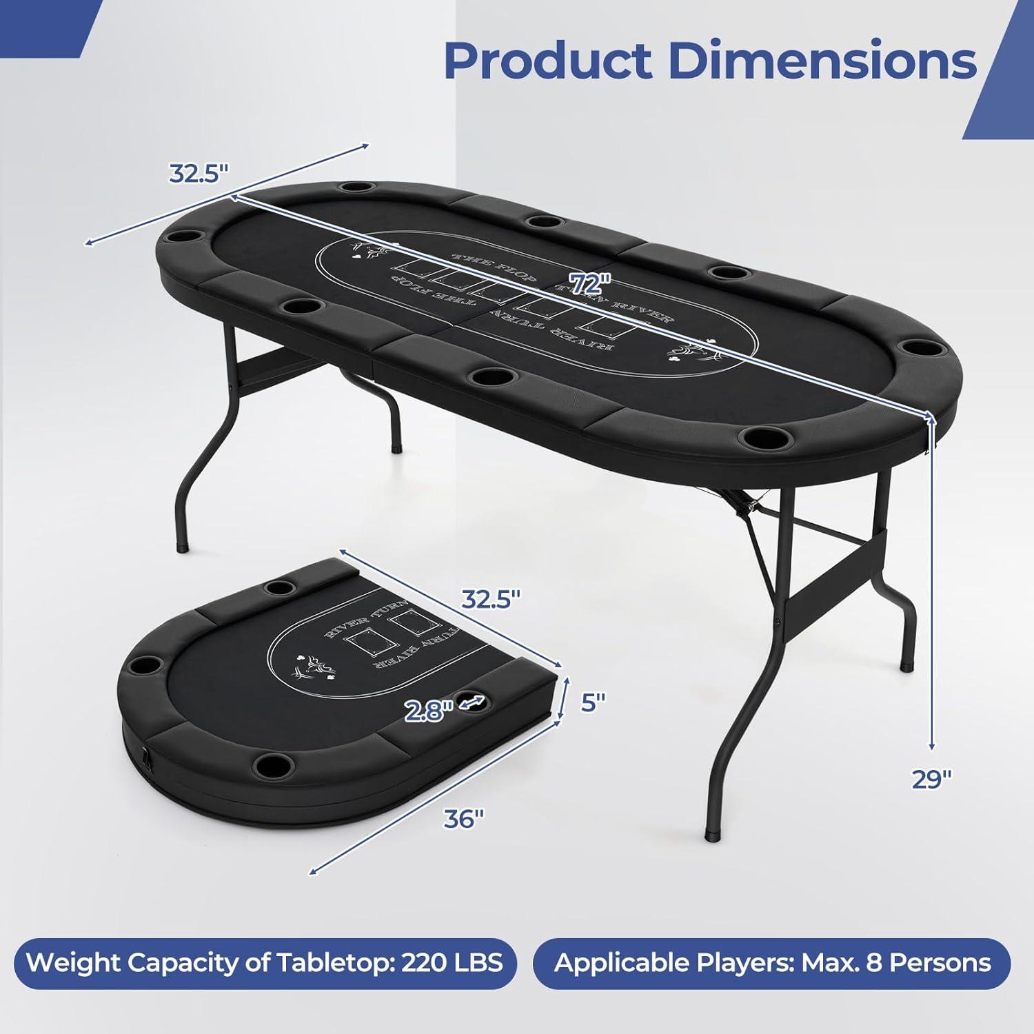 image:imageGiantex 8 Player Poker Table Foldable 72 Portable Folding Texas Holdem Poker Tables wPadded Rails Cup Holders Casino Grade Felt Surface Oval Card Game Poker Table for Game Room BlackBlack