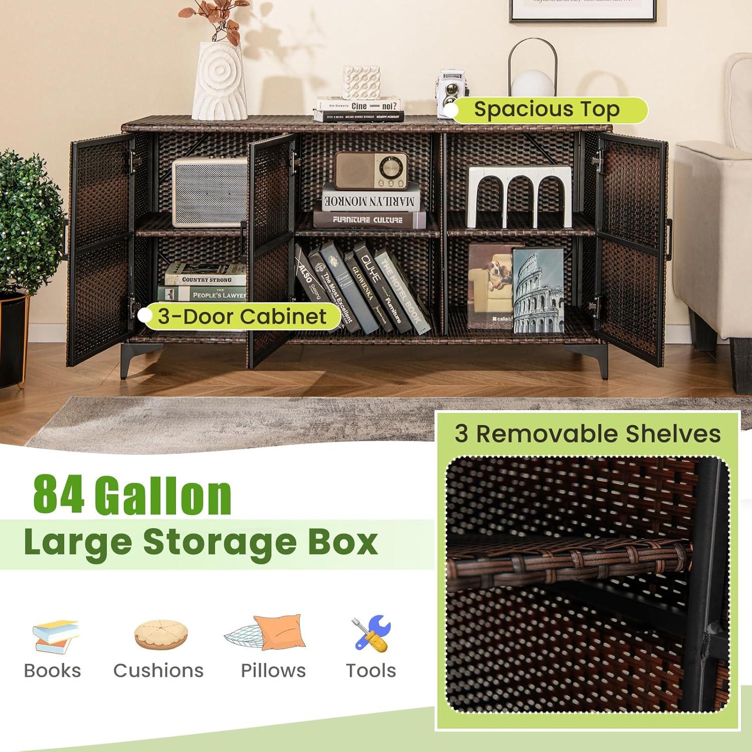 image:imageGiantex 84Gallon Wicker Deck Box Patio Storage Cabinet 3Door PE Rattan Storage Container with Removable Shelves Indoor amp Outdoor Package Box for Porch Patio Furniture Cushions Tools BrownBrown
