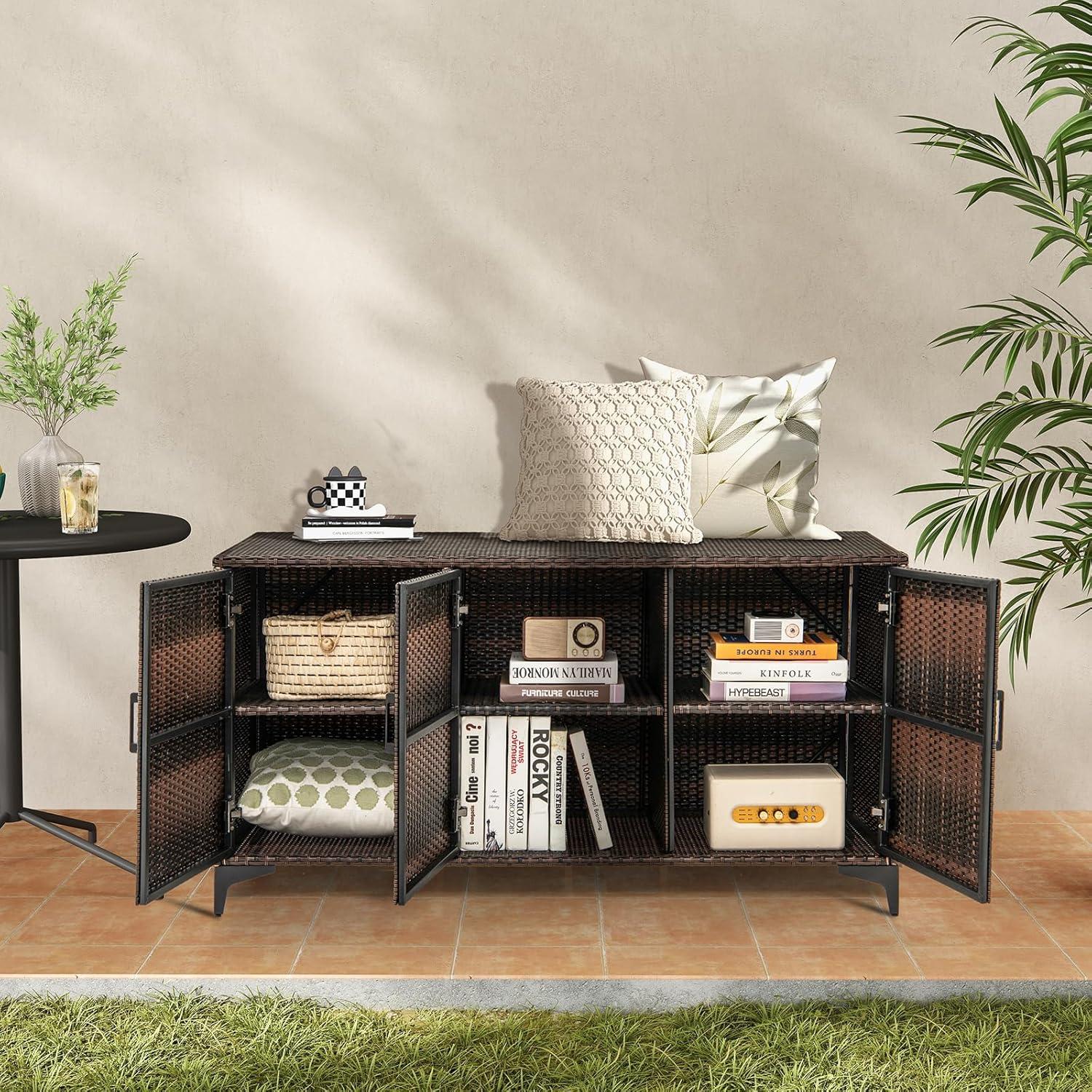 image:imageGiantex 84Gallon Wicker Deck Box Patio Storage Cabinet 3Door PE Rattan Storage Container with Removable Shelves Indoor amp Outdoor Package Box for Porch Patio Furniture Cushions Tools BrownBrown